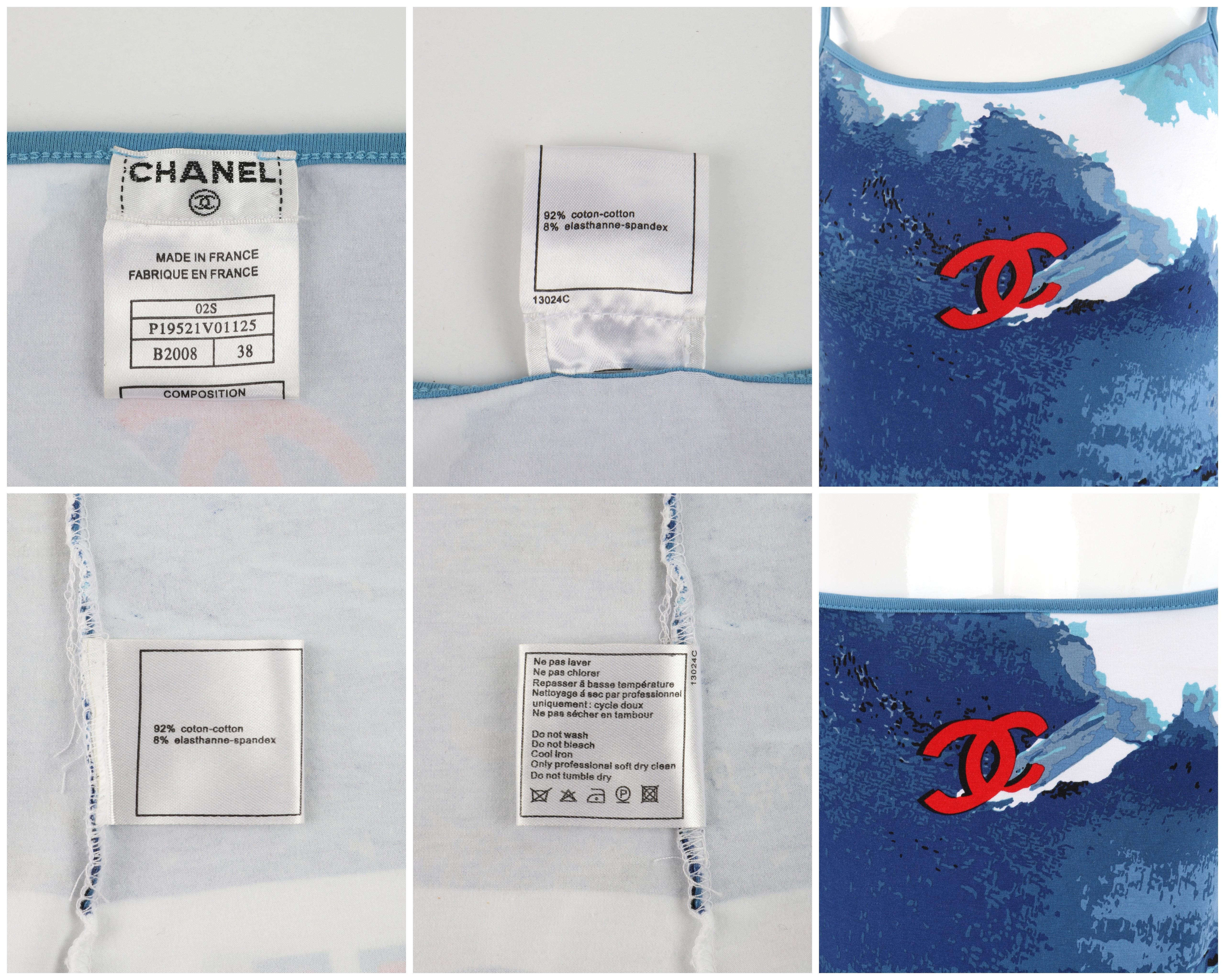 CHANEL 2002 Red White Blue CC Surf Wave Print Stretch Elastic Strap Tank Top For Sale 3