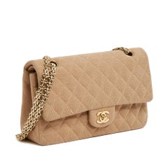 Chanel 2002 Sac Timeless Classique Double Flap Beige Jersey Leather Shoulder Bag