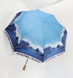 CHANEL 2002 "Surf Line" Red White Blue CC Wave Large Parasol Umbrella w/ Cover