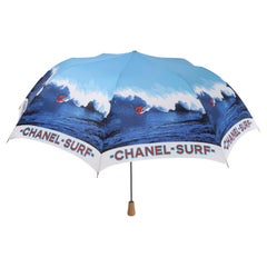 CHANEL 2002 "Surf Line" Red White Blue CC Wave Large Parasol Umbrella w/ Cover
