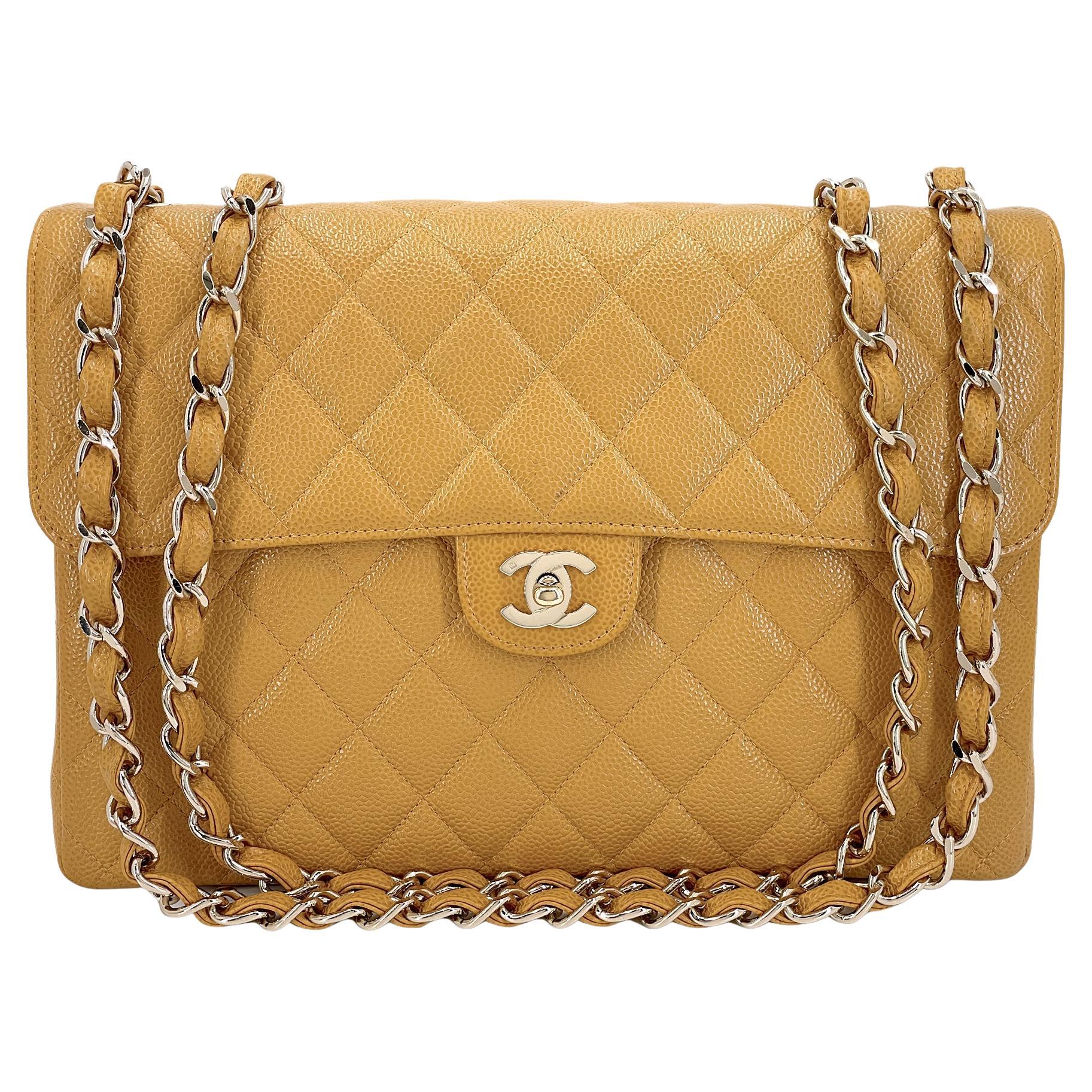 Chanel 2002 Vintage Beige Caviar Jumbo Classic Flap Bag 24k GHW  68248 For Sale