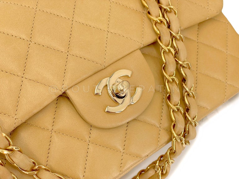 Chanel 2002 Vintage Beige Small Classic Double Flap Bag 24k GHW Lambskin  67015