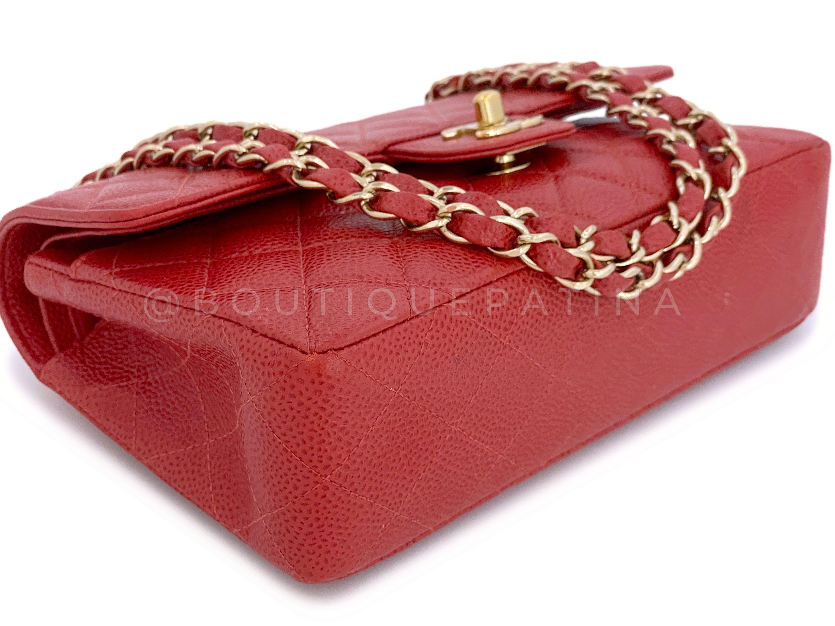 Women's Chanel 2002 Vintage Red Caviar Small Classic Double Flap Bag 24k GHW 66396 For Sale