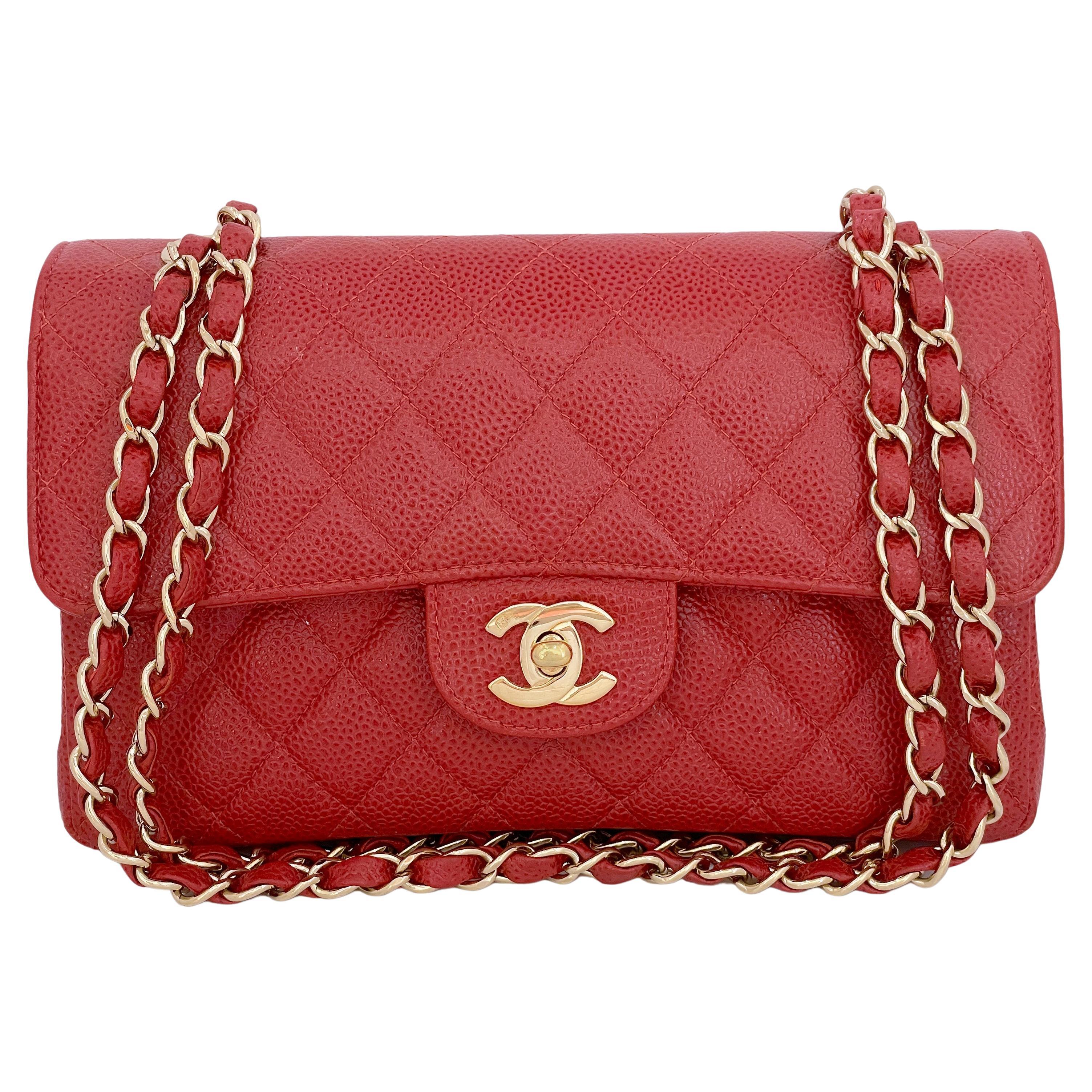 Chanel 2002 Vintage Red Caviar Small Classic Double Flap Bag 24K GHW 66396