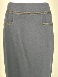 Chanel 2002C Dark Blue Crepe with Black Soutache Braid Trim Pencil Skirt 36