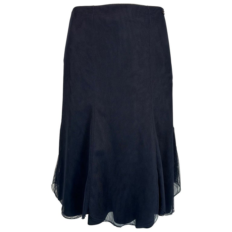 Chanel 2002C Navy Blue Triple Layer Tulle Ruffle Edge Gored Skirt