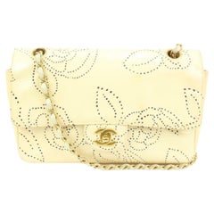 Chanel 2003 Cream Camelia Perforated Patent Medium Classic Flap GHW 2ck119