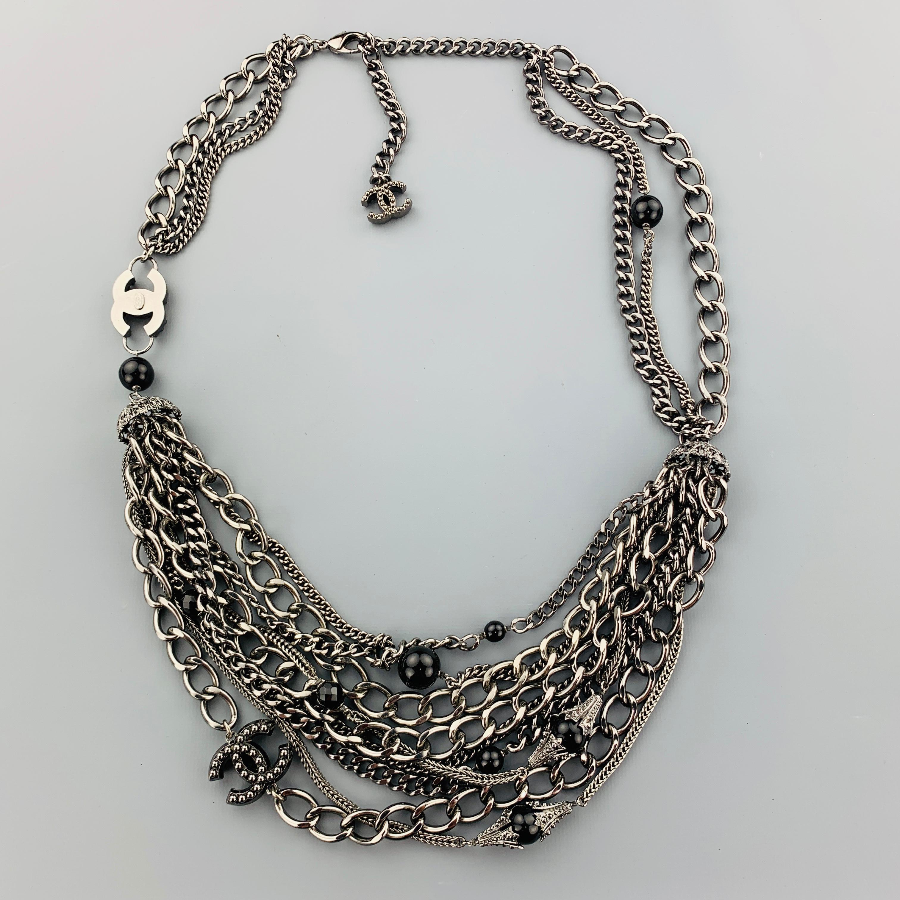 CHANEL 2003 Silver Tone Metal Multi Strand Layered Chain Statement Necklace 3