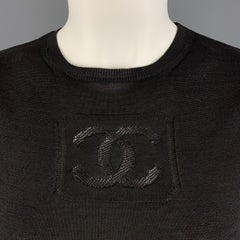CHANEL 2003 Size 2 Black Cotton Knit CC Logo T-shirt