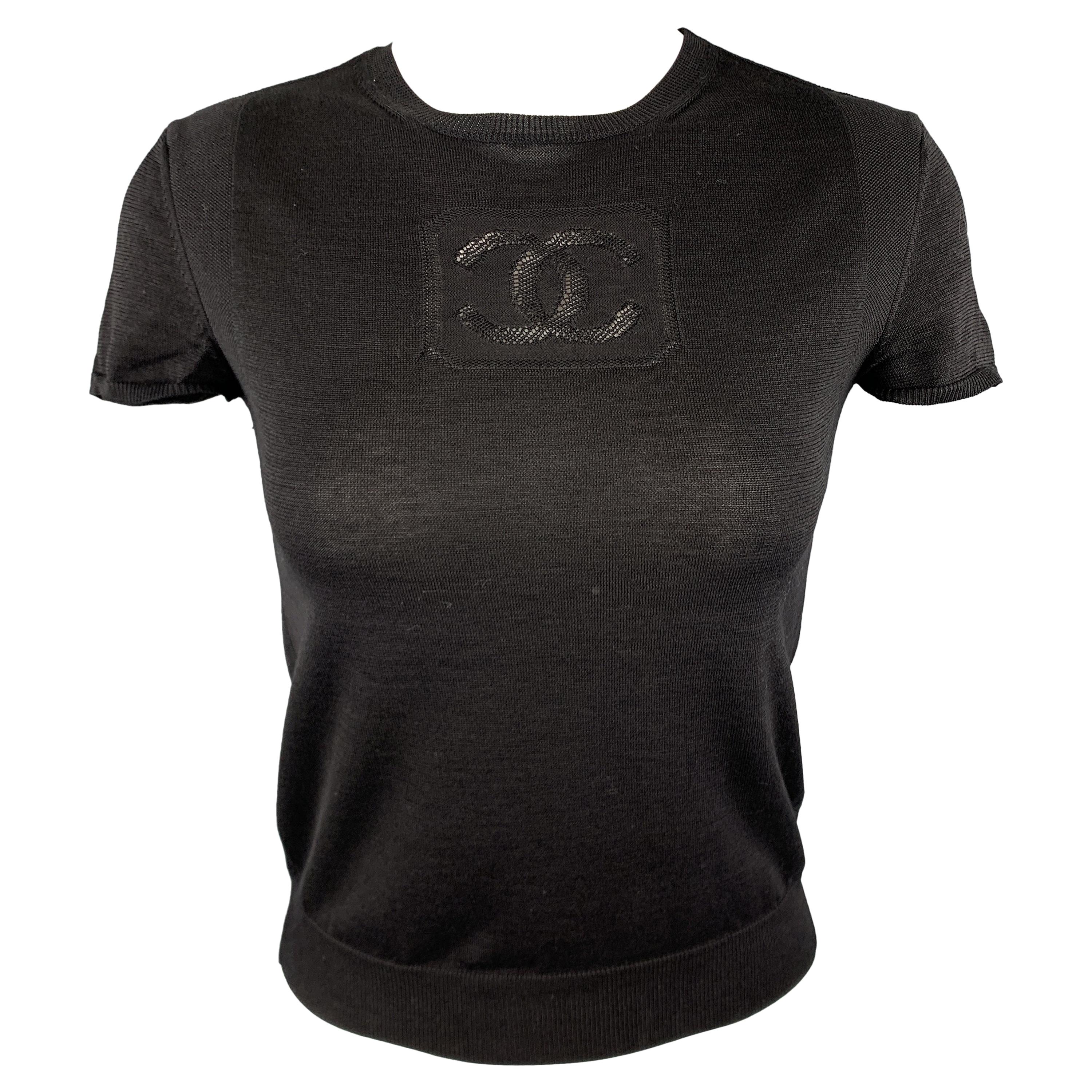 CHANEL 2003 Size 2 Black Cotton Knit CC Logo T-shirt