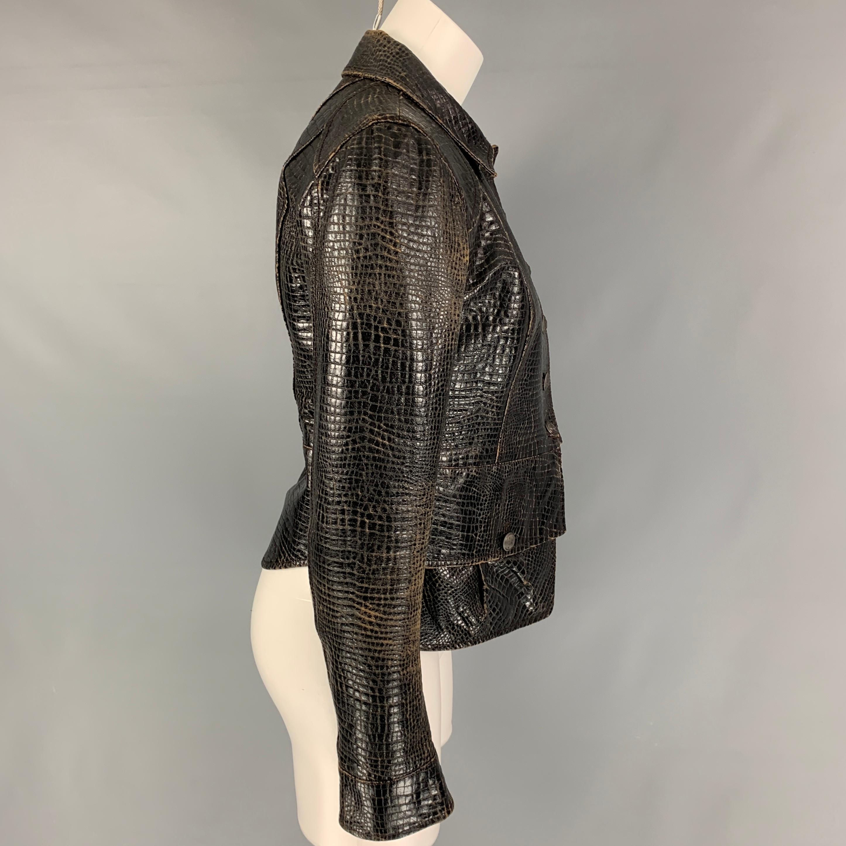 CHANEL 2003 Size 8 Black Distressed Embossed Biker Jacket In Good Condition In San Francisco, CA