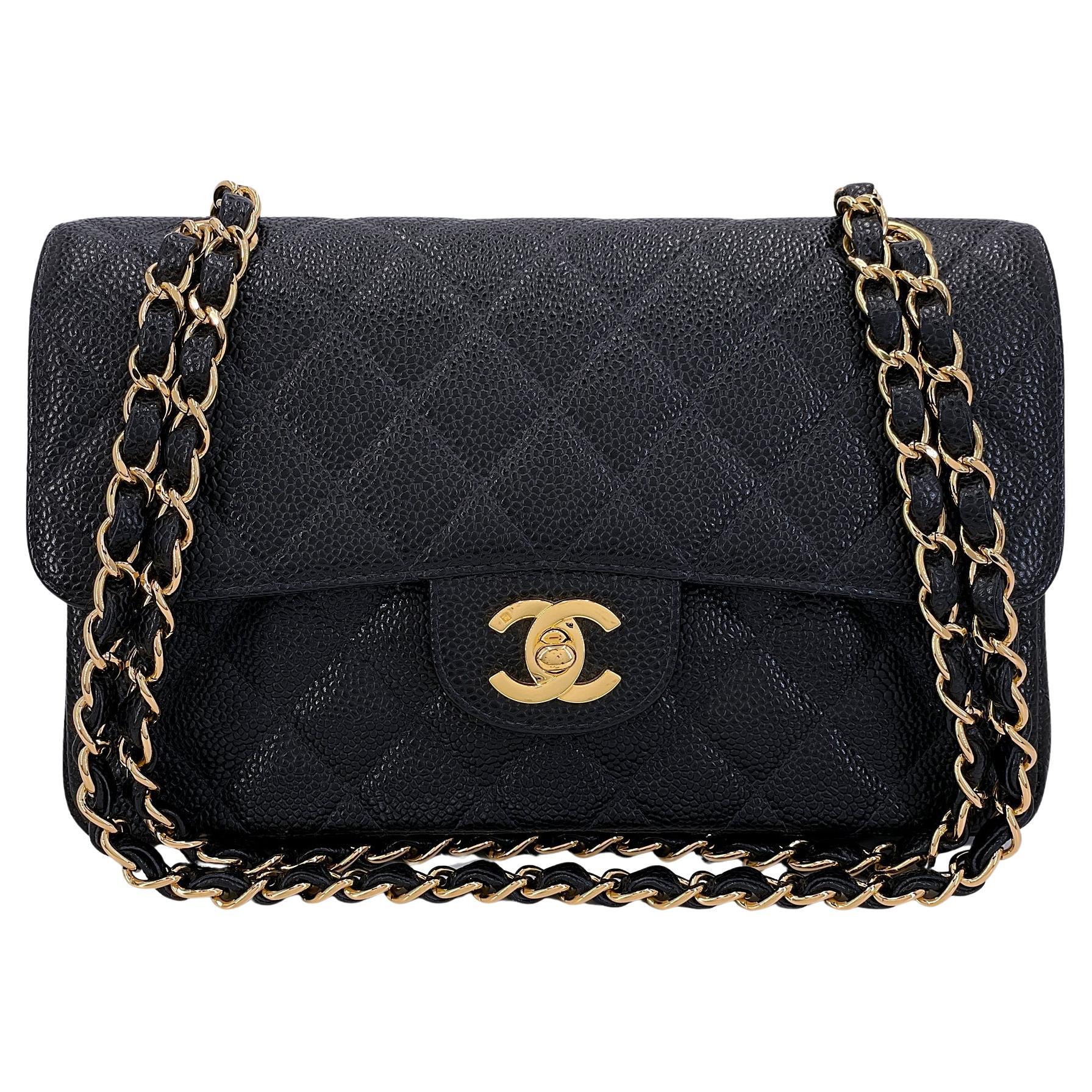 Chanel 2003 Vintage Black Caviar Small Classic Double Flap Bag 24k GHW 67931 For Sale
