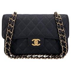 Chanel 2003 Vintage Black Caviar Small Classic Double Flap Bag 24k GHW 67931