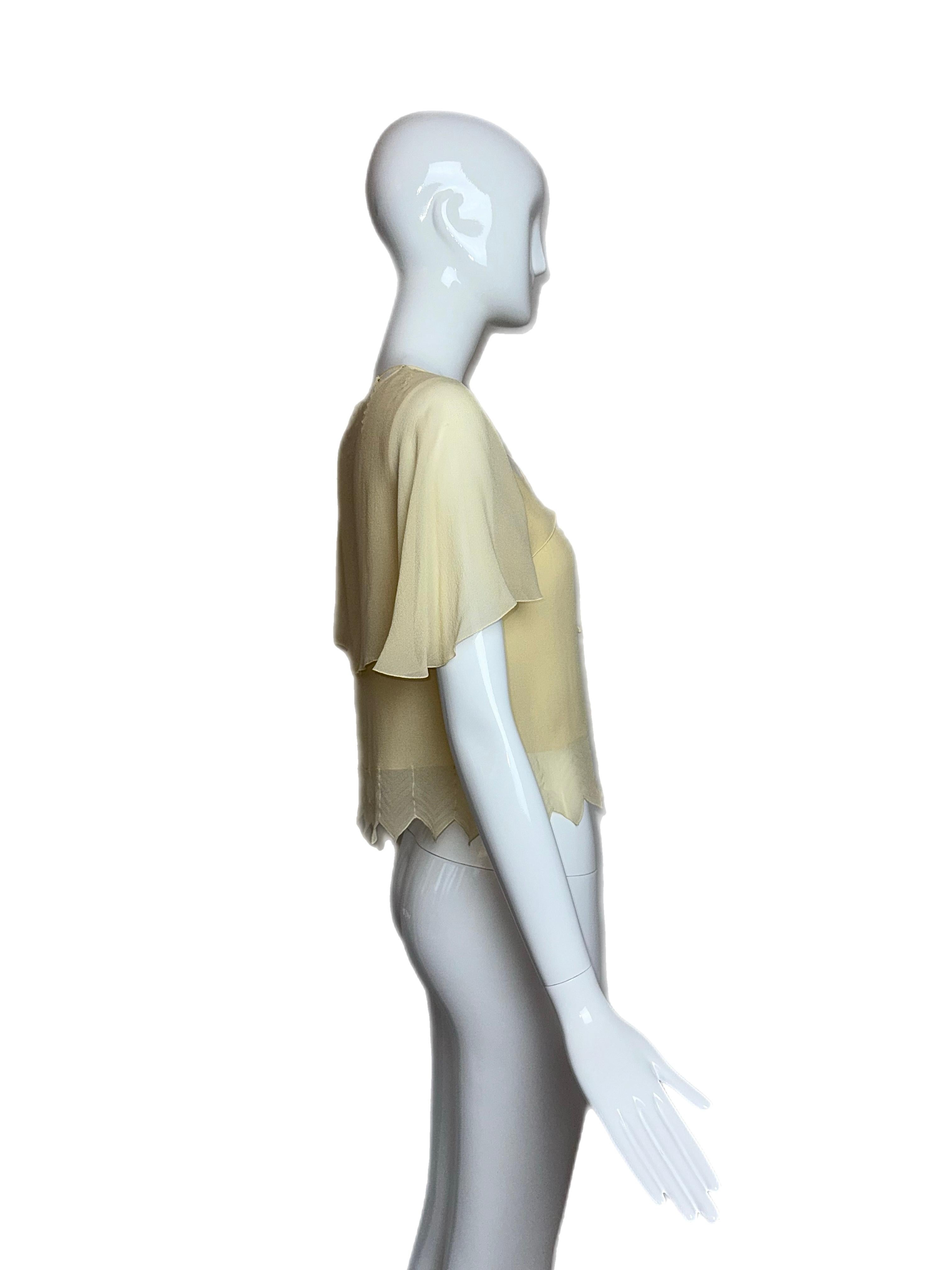 CHANEL 2003 Chemisier Vintage en soie Vanille w. Cuir Camilla Chevron éthéré en vente 2