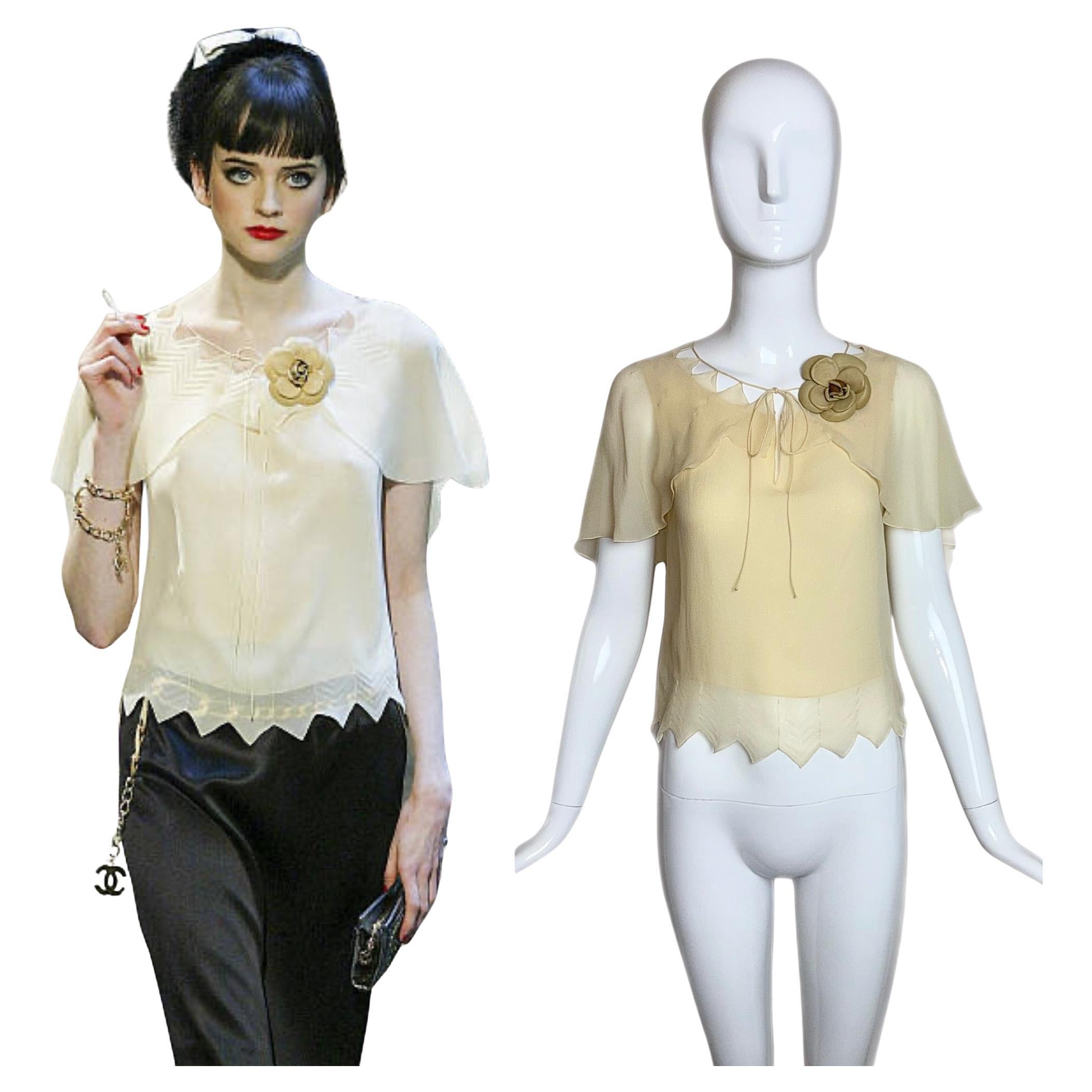 CHANEL 2003 Vintage Silk Vanilla Blouse w. Leather Camilla Ethereal Chevron