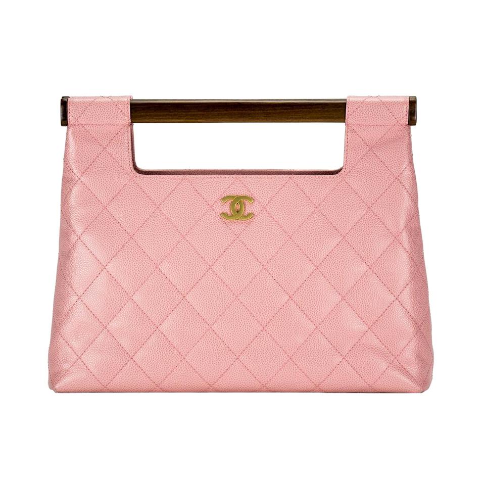 Chanel Wood Top Handle Rare Pink Caviar Leather Jumbo Envelope Clutch Tote For Sale