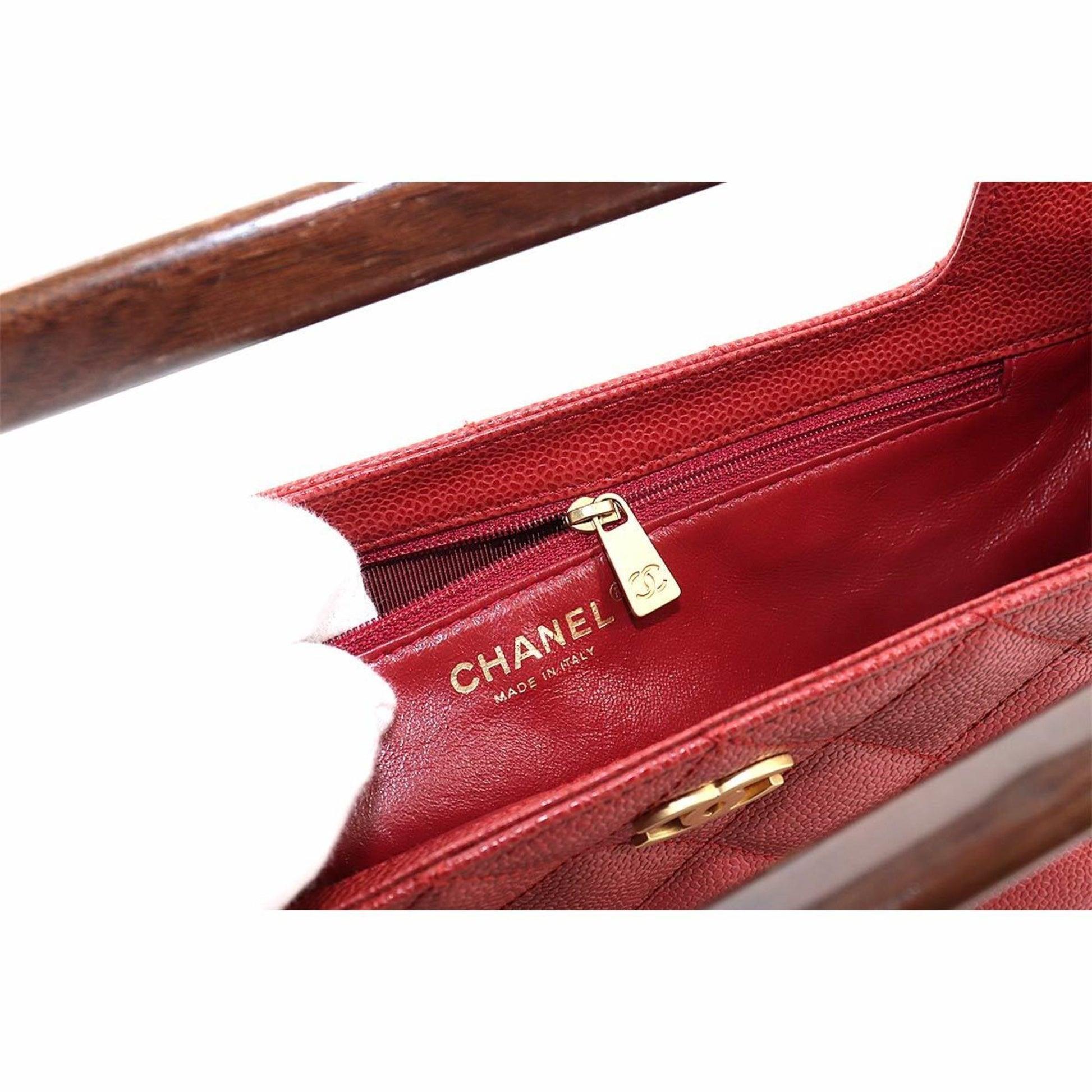 Chanel 2003 Holz Top Handle Rare Red Caviar Jumbo Kelly Envelope Clutch Tote Bag im Angebot 11