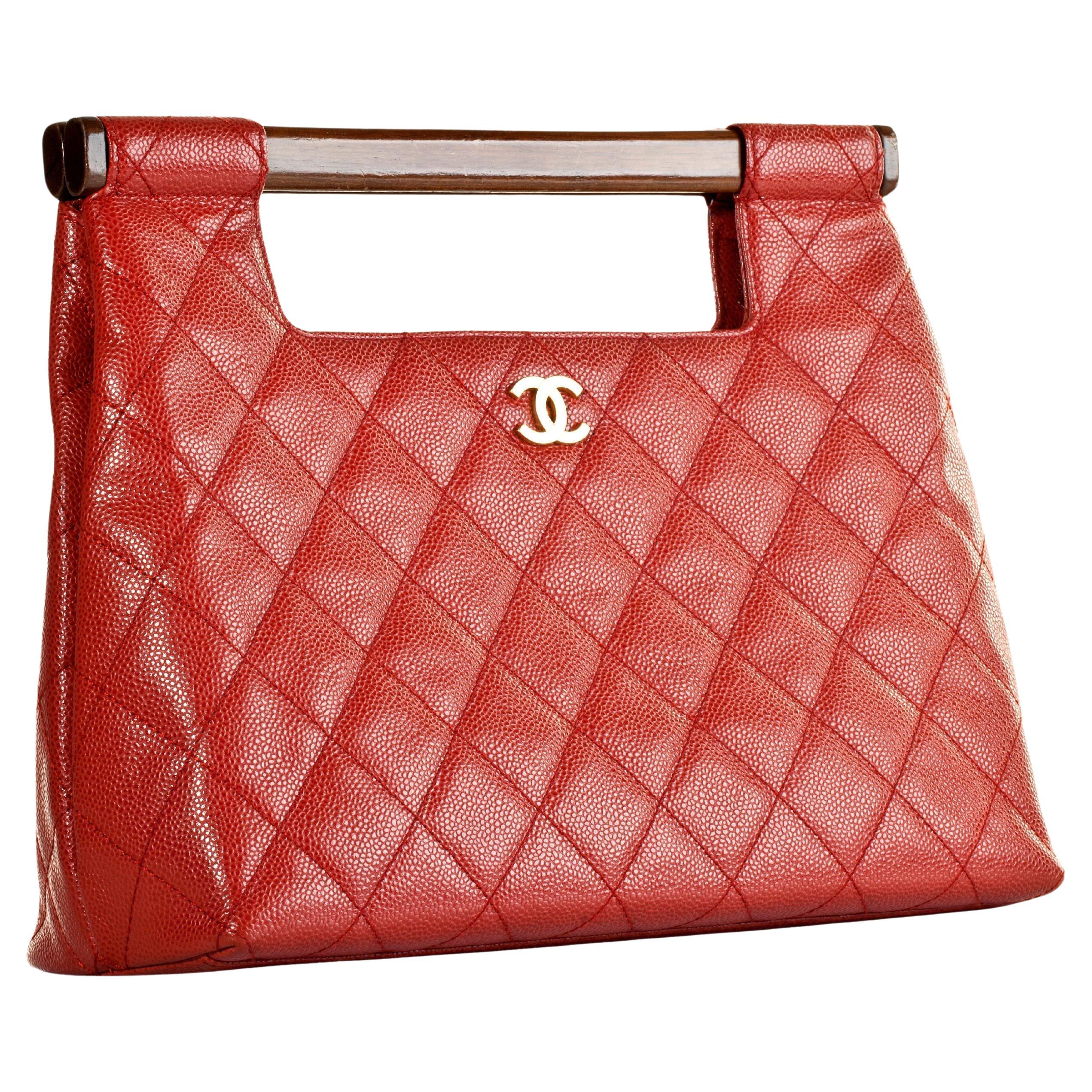 Chanel 2003 Holz Top Handle Rare Red Caviar Jumbo Kelly Envelope Clutch Tote Bag im Angebot 13