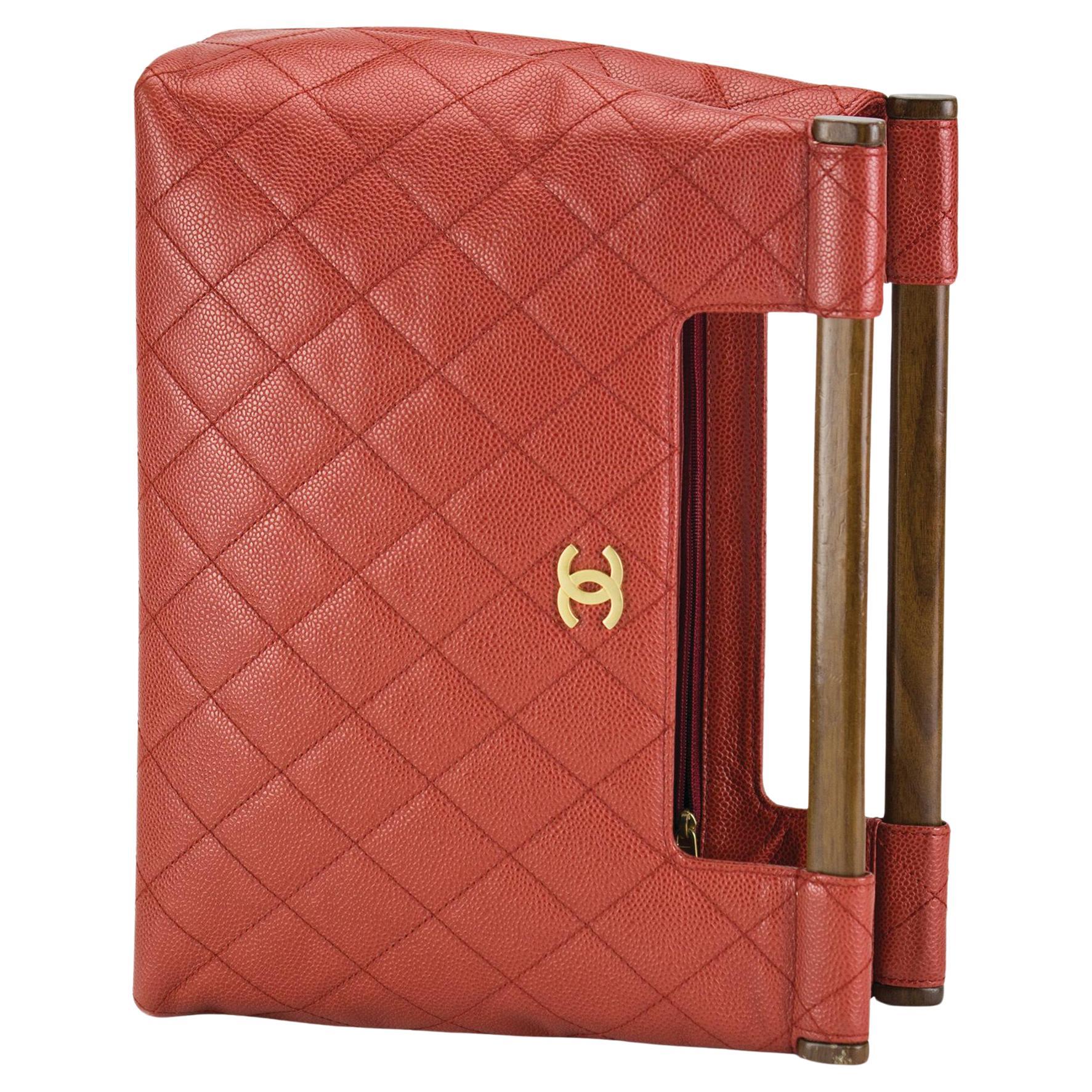 Chanel 2003 Wood Top Handle Rare Red Caviar Jumbo Kelly Envelope Clutch Tote Bag en venta