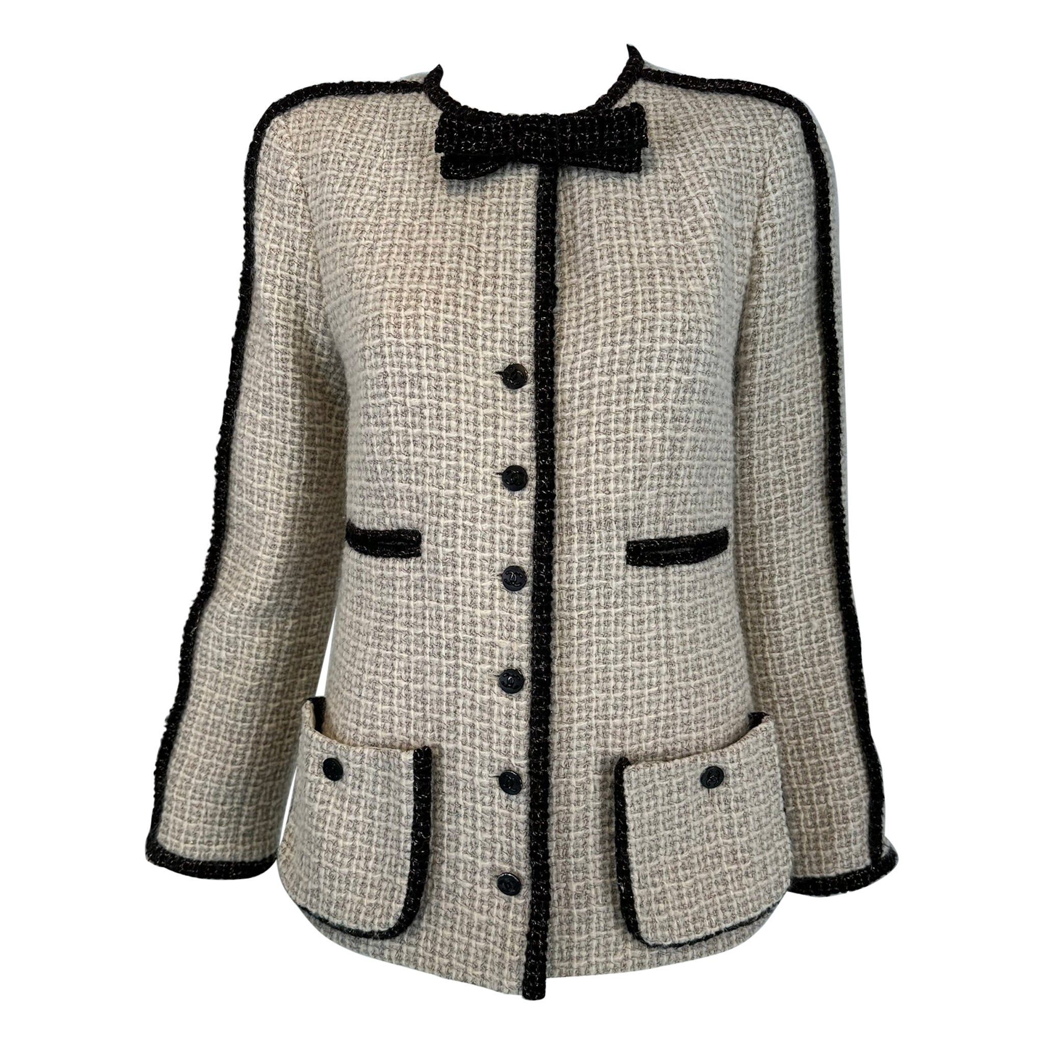 Chanel 2003A Black 
White Metallic Wool Bow Tie Neck Jacket 40