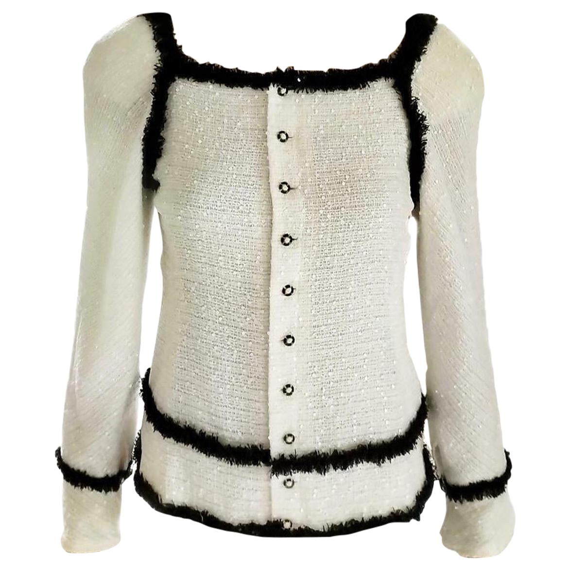 Chanel 2004 04P Ivory Sequin Tweed & Black Fringe Top Jacket FR 36/ US 2 4 For Sale