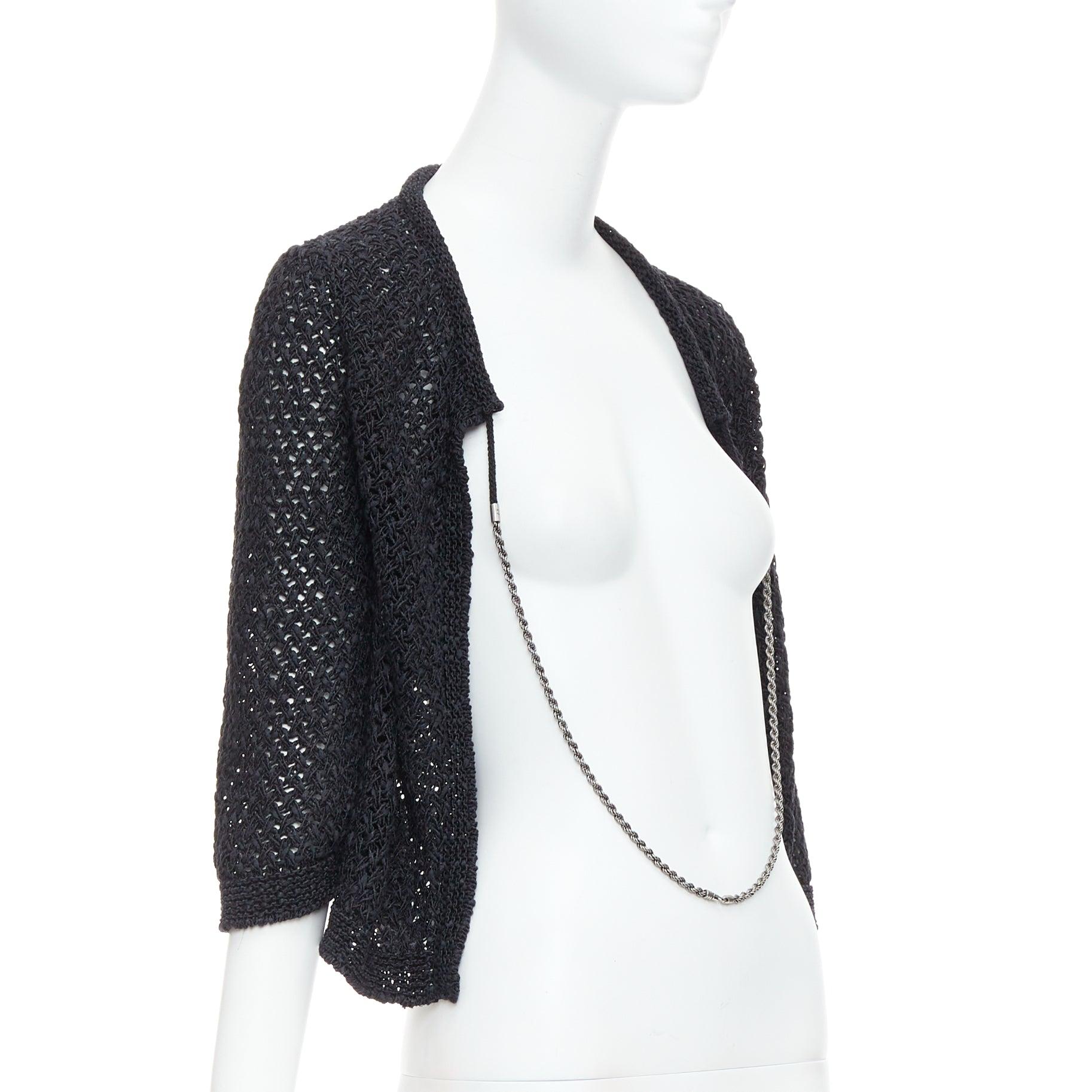 Noir CHANEL 2004 cardigan à mailles ouvertes en coton mélangé CC noir FR38 M en vente