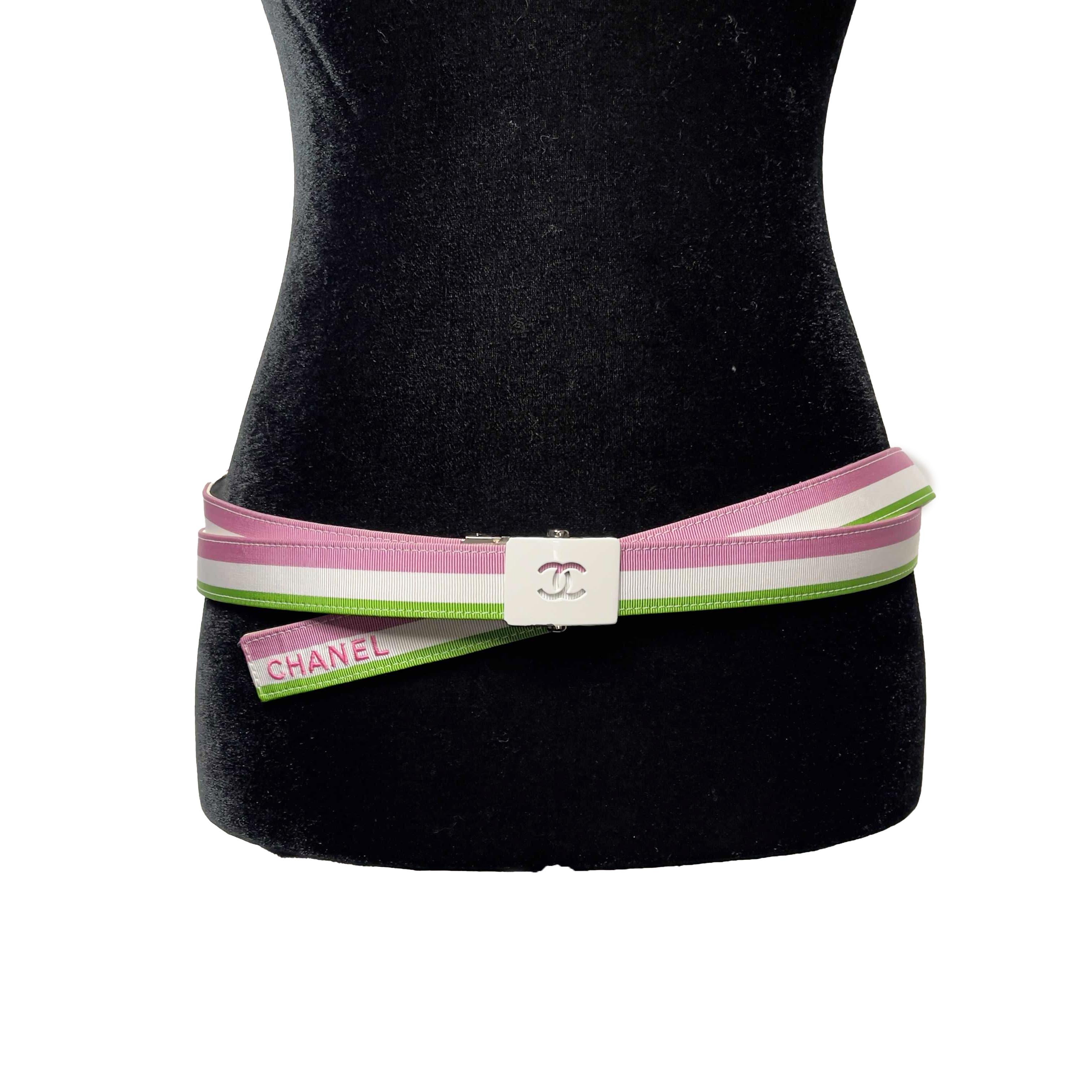 Chanel - 2004 Cruise Ivory and Grosgrain Belt - White / Pink / Green - 75/30 2