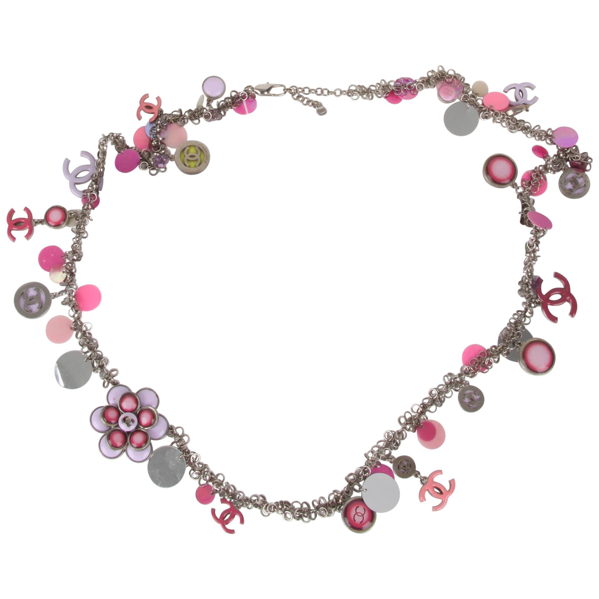 Chanel 2004 Fall/Winter (04P) Pink Silver Sequins Embellished Necklace/Belt For Sale