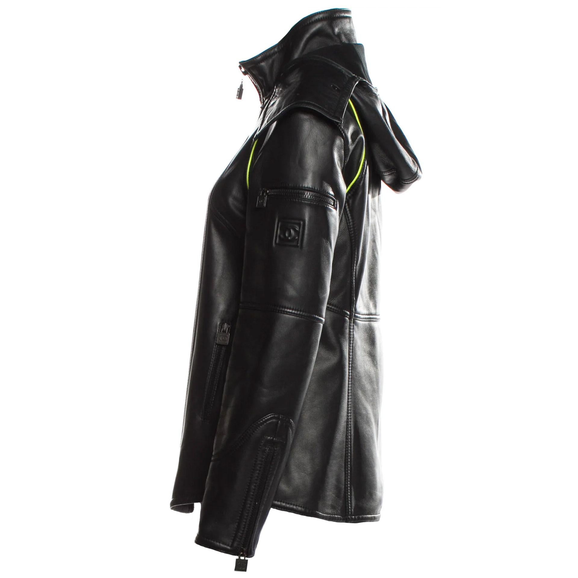 Chanel 2004 Limited Edition Runway Hooded Leather Sport Biker Jacket M US8 FR 40 In Good Condition For Sale In Miami, FL
