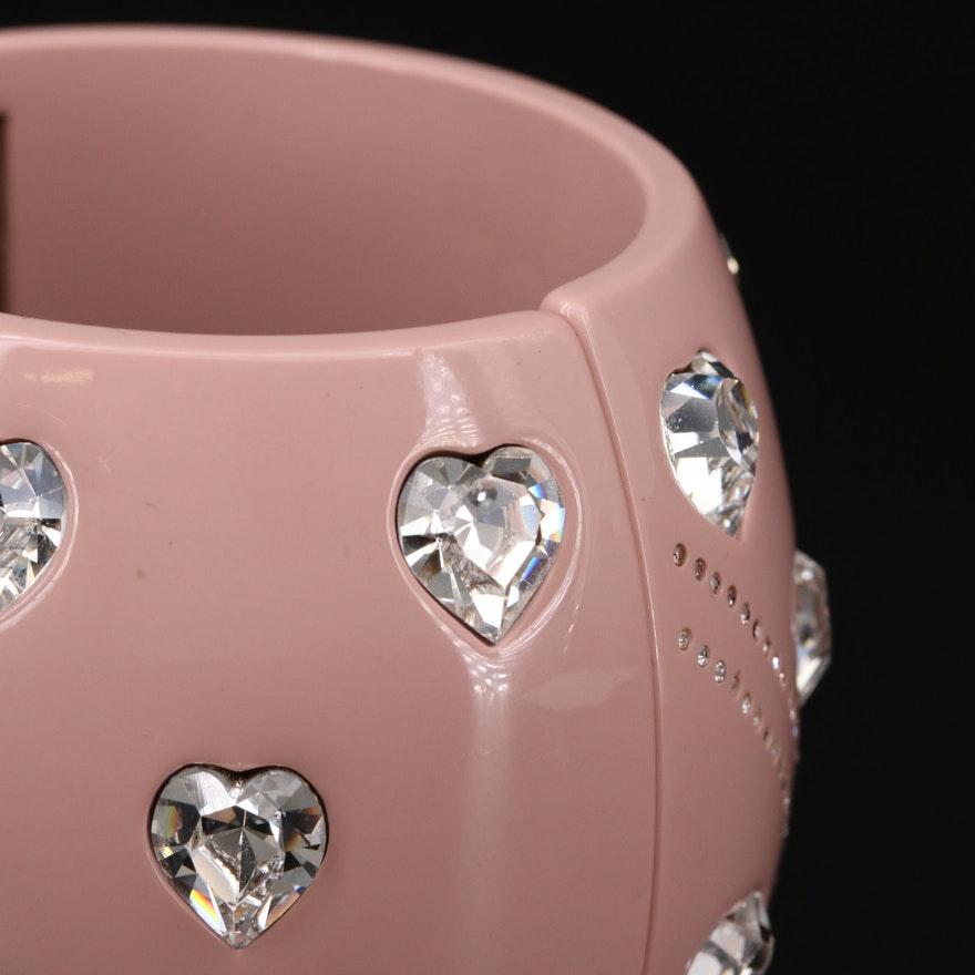 2004 Chanel Pink Resin Clamper Cuff Bracelet w/Crystal Heart Motif In Excellent Condition For Sale In Studio City, CA