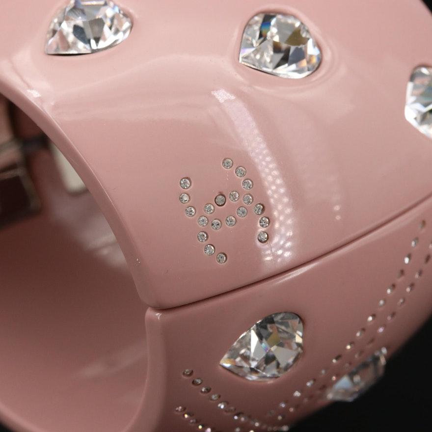 Women's 2004 Chanel Pink Resin Clamper Cuff Bracelet w/Crystal Heart Motif For Sale