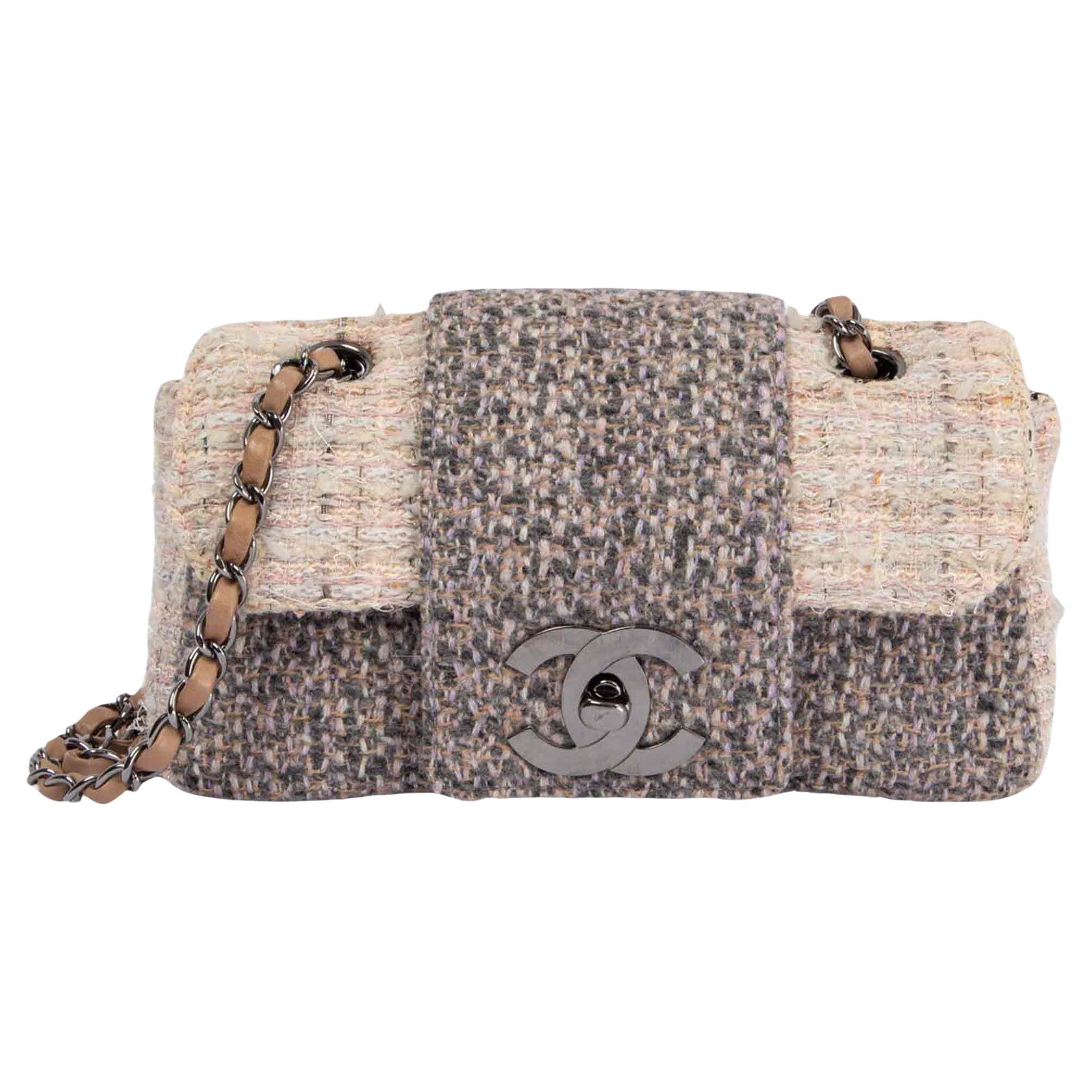 Chanel 2004 Small Rare Tweed Cream Beige Classic Flap Bag