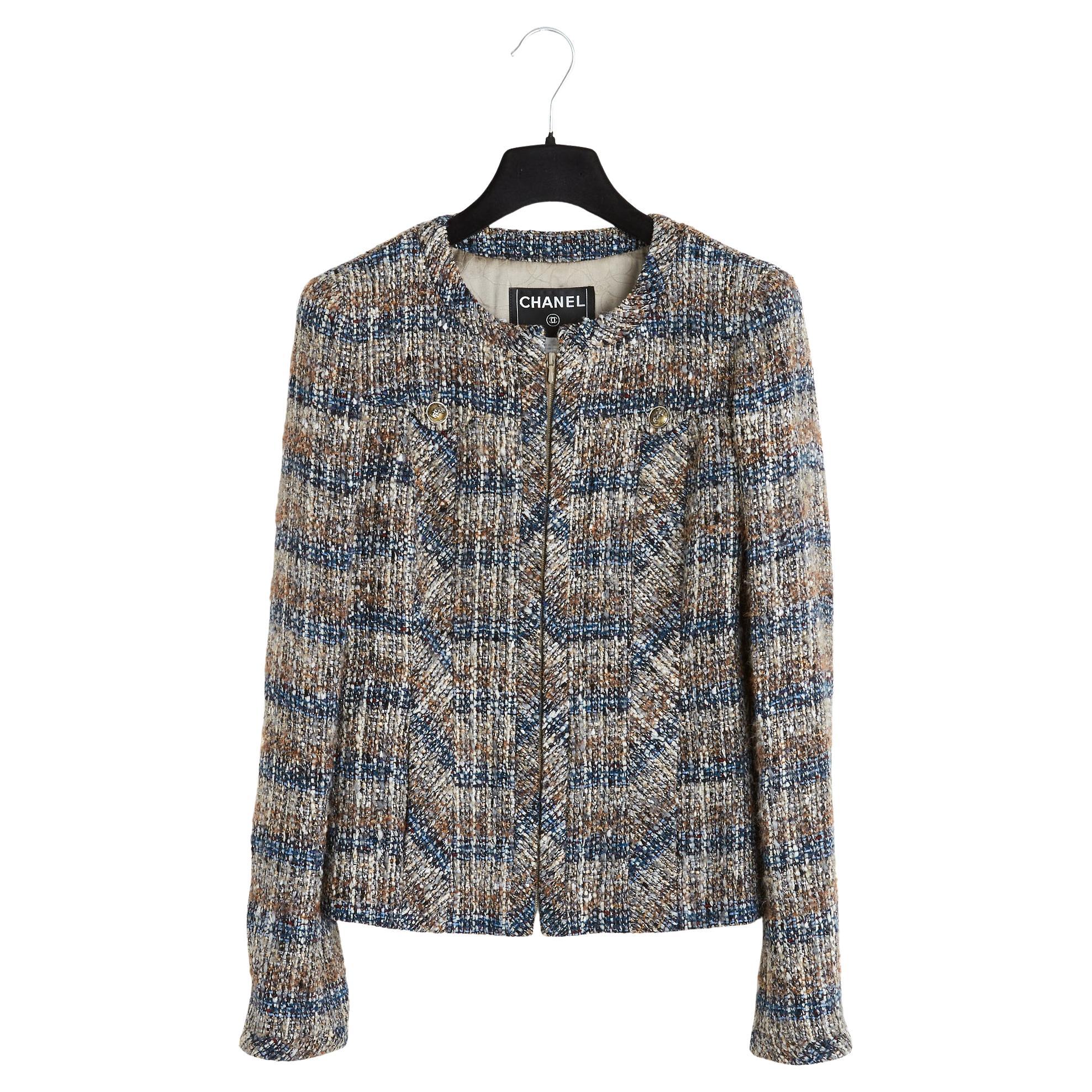 Chanel 2004 Veste Tweed Taupe Lurex FR36 Khaki Green Wool Tweed Jacket UK6 US4 en venta