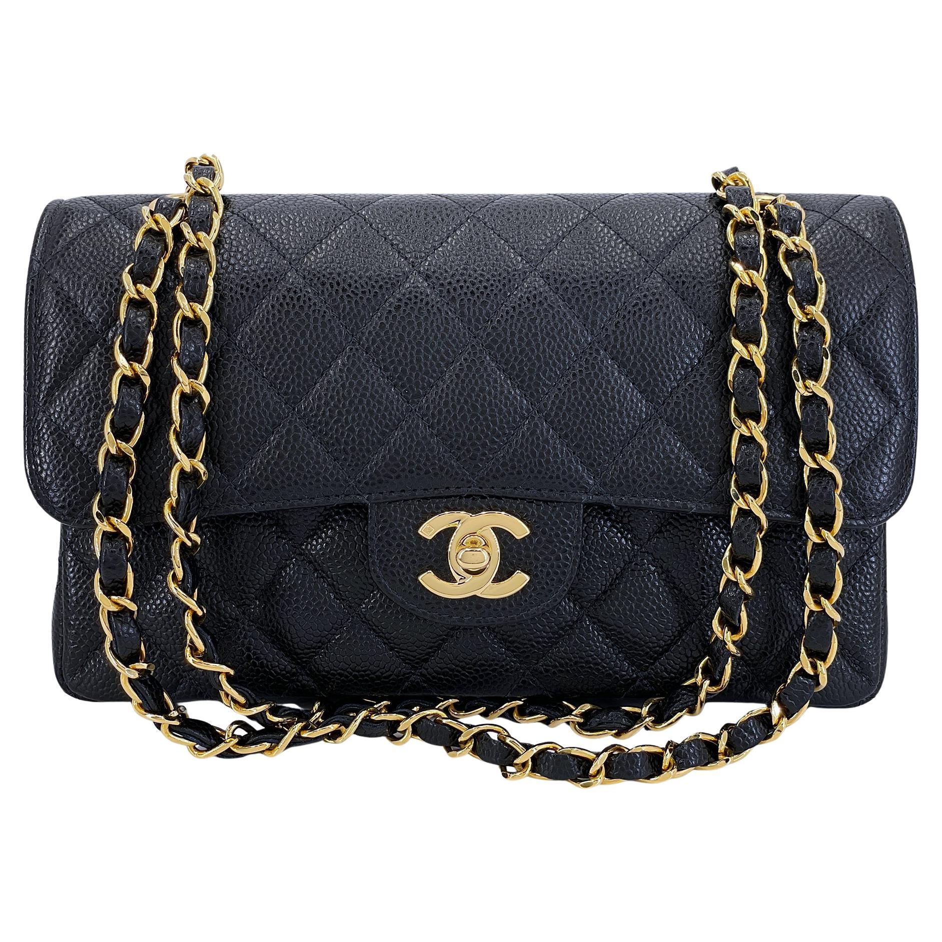 Chanel 2004 Vintage Black Caviar Small Classic Double Flap Bag 24k GHW 66378 For Sale
