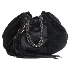 Chanel 2004 Vintage Black Shearling Satin Drawstring Tassel Bag