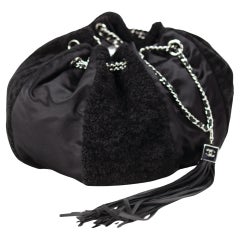 Chanel 2004 Vintage Black Shearling Satin Drawstring Tassel Bag 