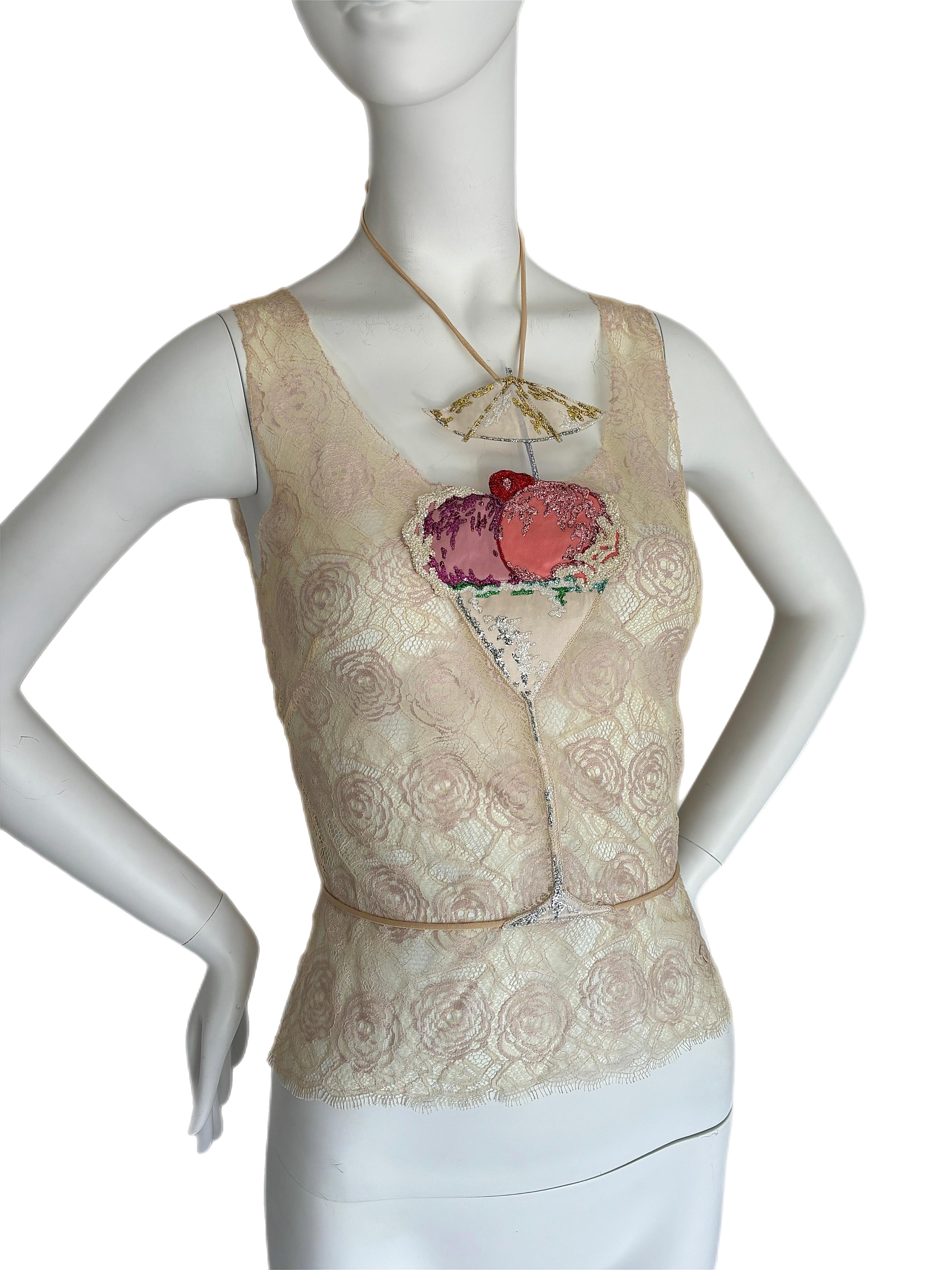 CHANEL 2004 Vintage Sheer Lace Embellished Ice Cream Martini Blouse 1