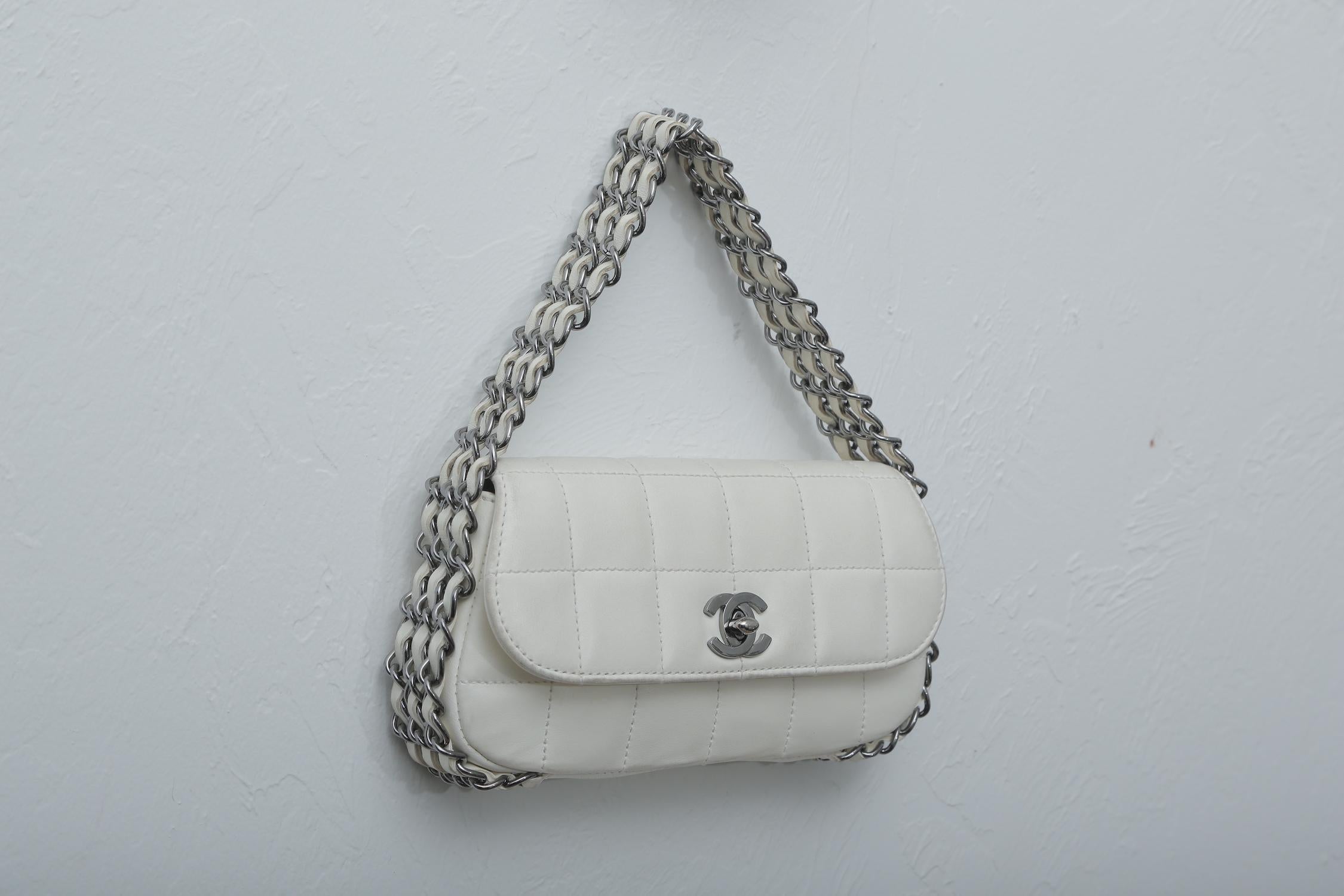 Chanel White Lambskin Mini Chain around lap Bag with silver hardware