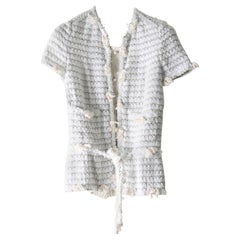 Chanel 2005 blue white black tweed silk stripe blouse dress jacket blazer 34