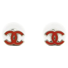 Chanel 2005 Boucles oreille Clou CC Silver Metal Red Enamel Micro Earrings Studs