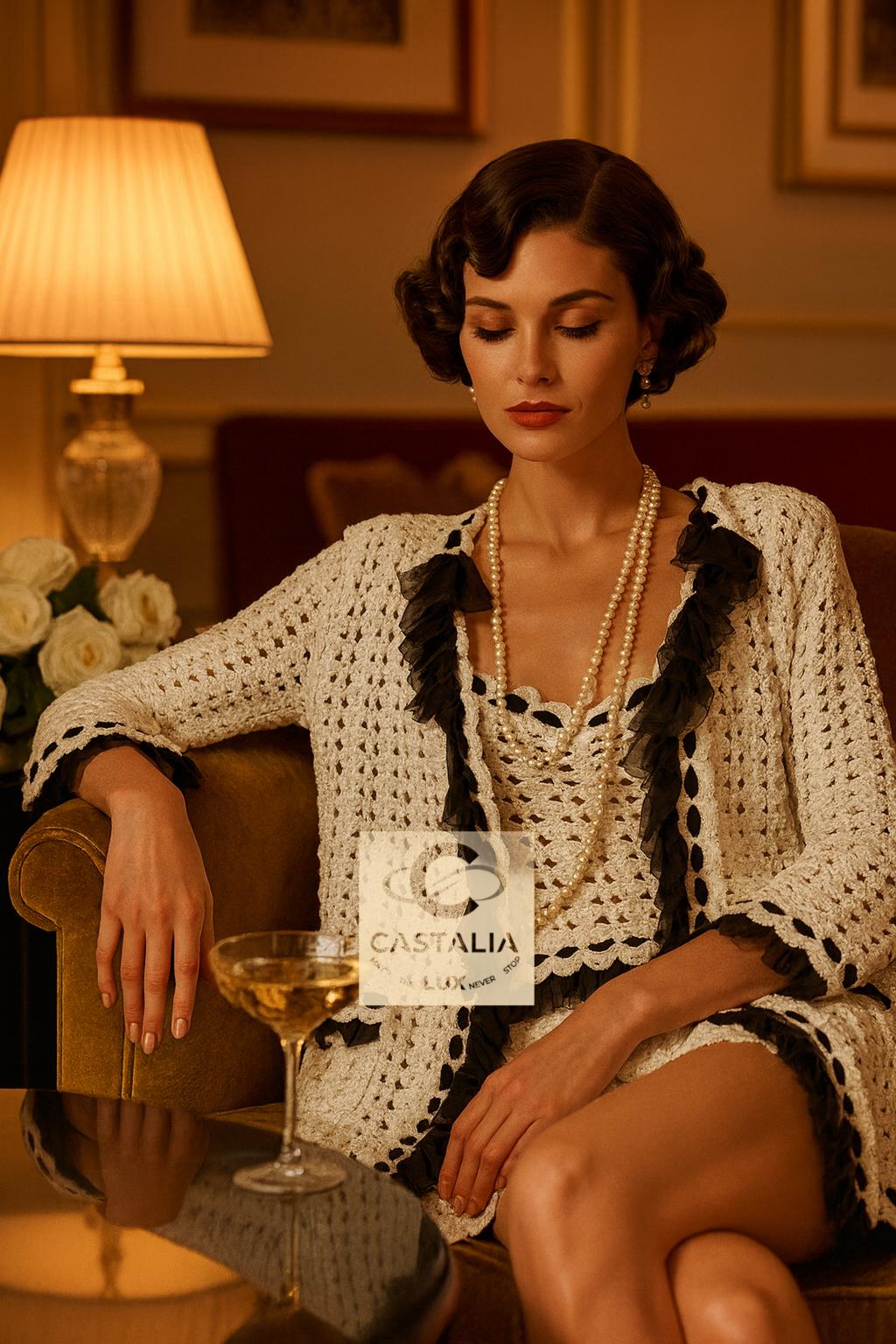 CHANEL Conjunto blanco de ganchillo - Abrigo y top a juego
~ Colección de Pasarela Primavera 2005 de Karl Lagerfeld

~ Rara reliquia de la poética artesanía de la maison, este conjunto Chanel coleccionable - abrigo y top a juego - Una vestimenta de
