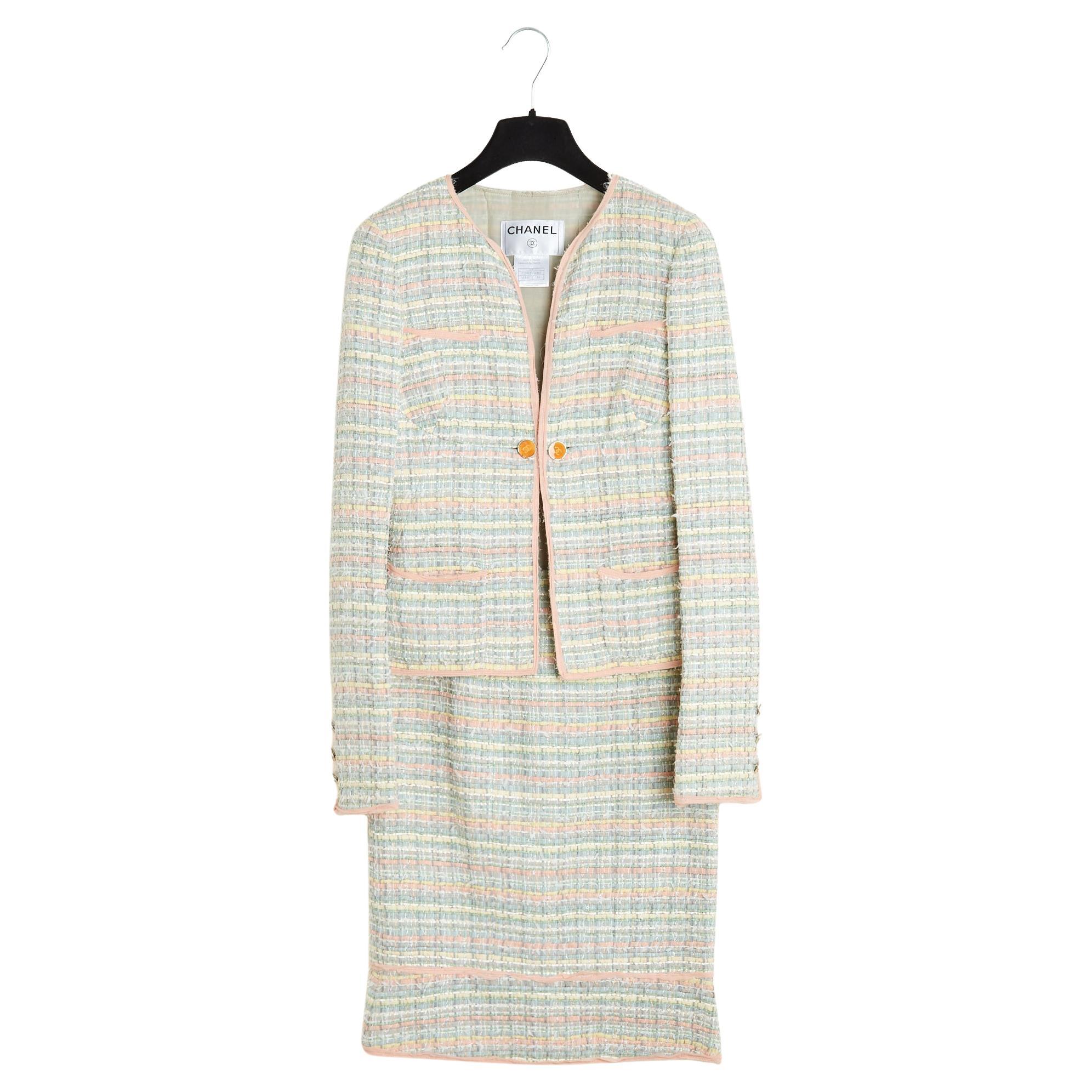 Chanel 2005 Ensemble Tweed Soie FR34 Pastel Silk Tweed Jacket Skirt UK6 US4