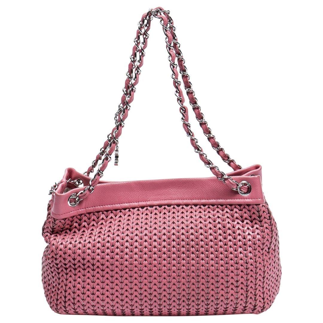 Chanel 2005 Light Pink CC Woven Charm Tote In Excellent Condition In Atlanta, GA