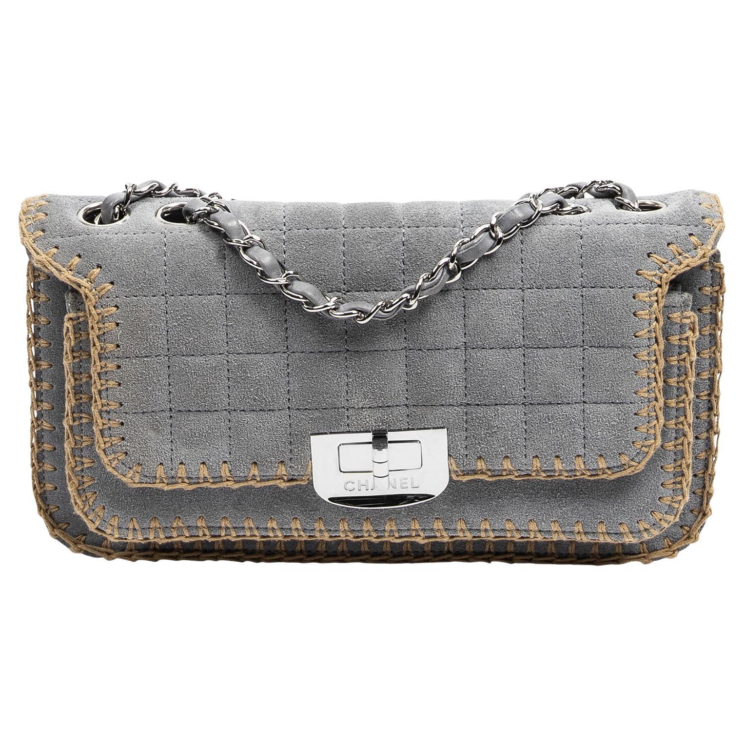 Chanel 2005 Limited Edition Grey Suede Wild Stitch Shoulder Bag For Sale