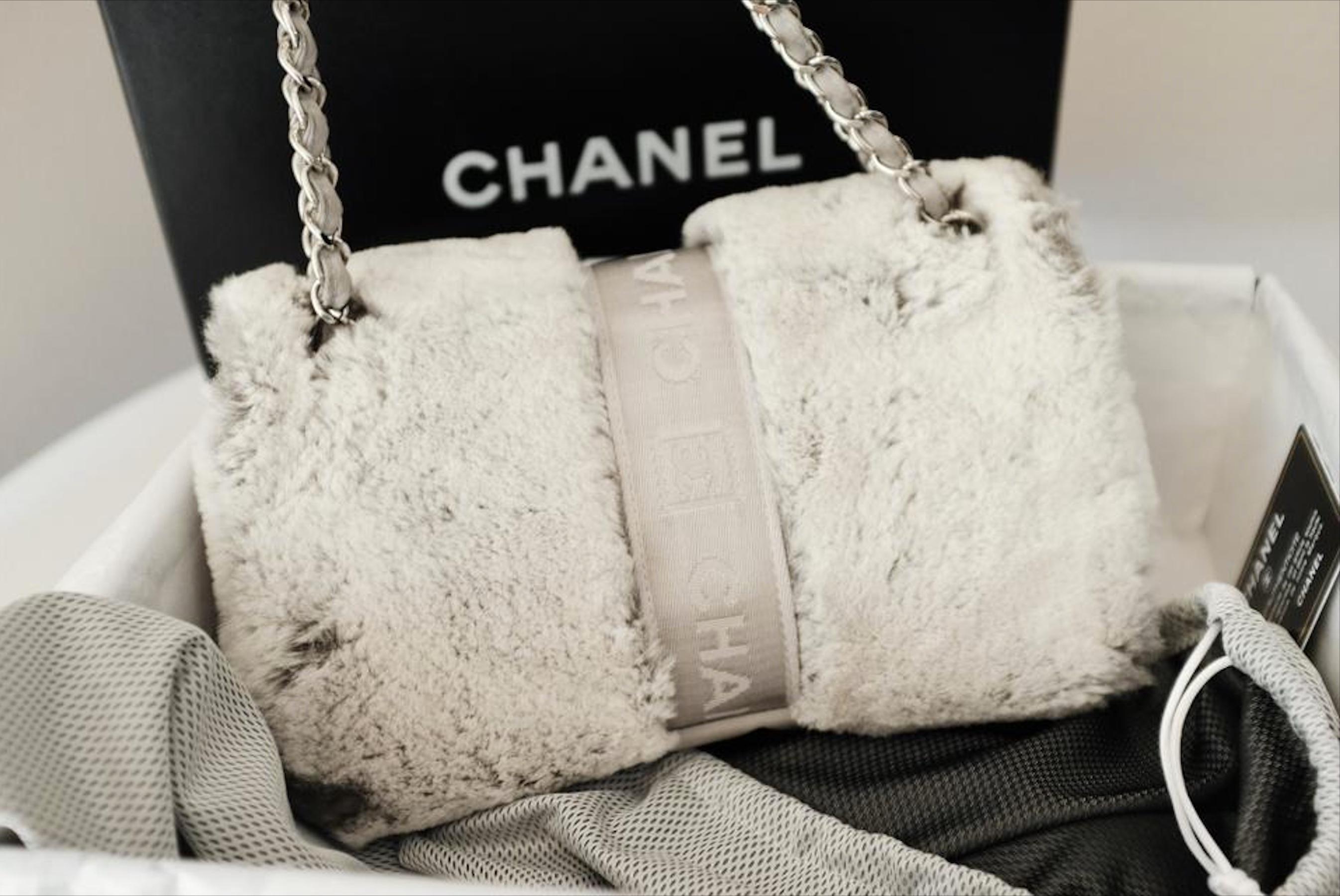 Chanel 2005 Rare Vintage CC Sport Belt Lock Grey Fur Lapin Shoulder Bag For Sale 5