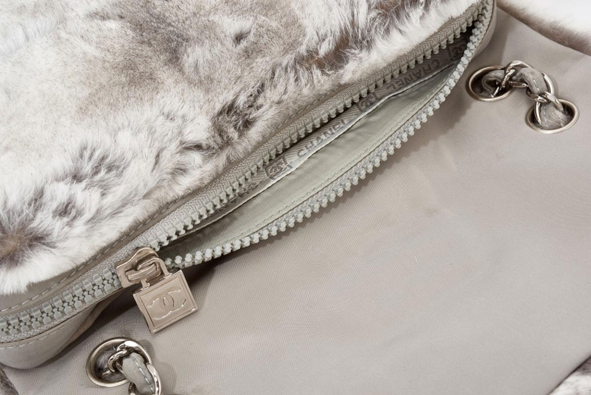 Chanel 2005 Rare Vintage CC Sport Belt Lock Grey Fur Lapin Shoulder Bag For Sale 6