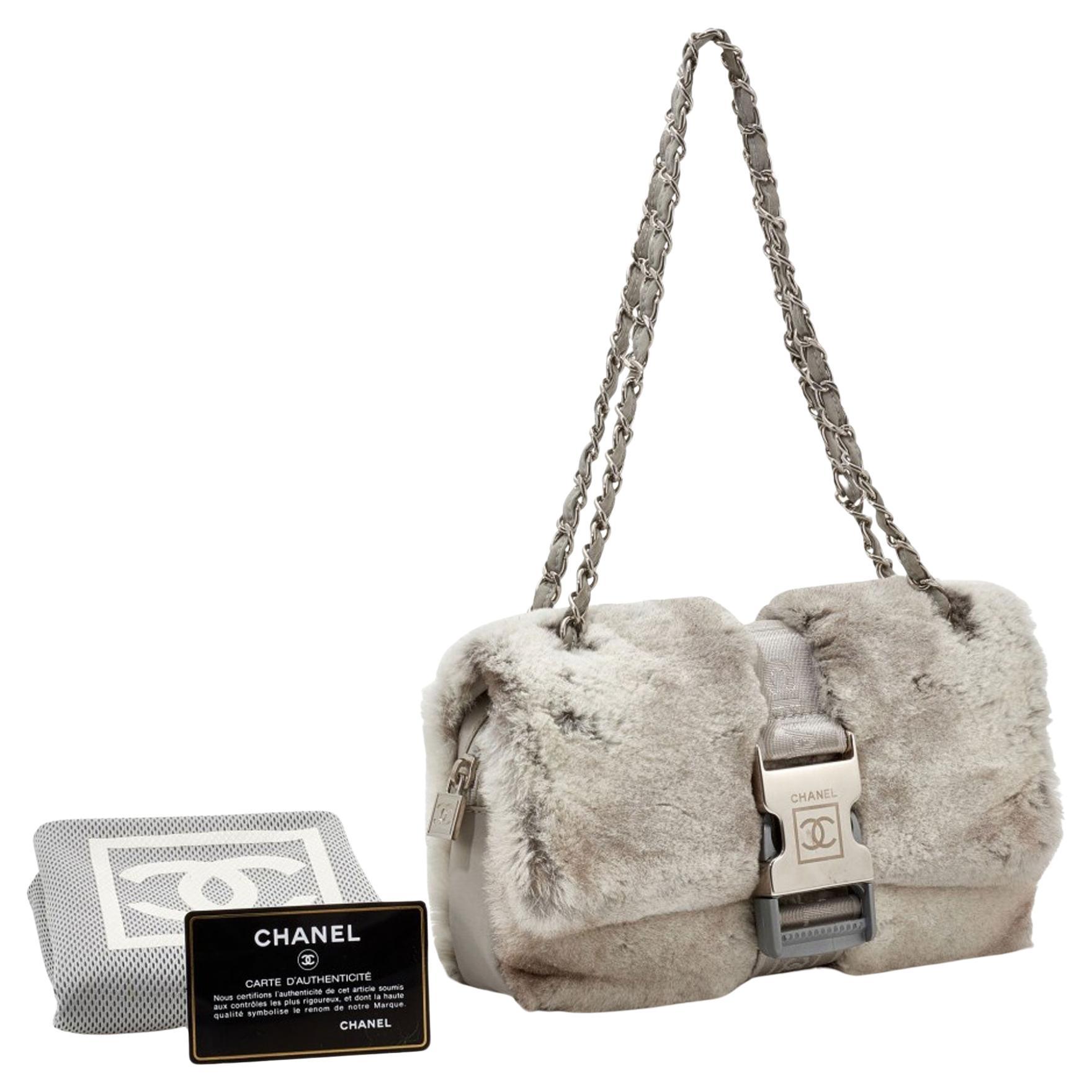 Chanel 2005 Rare Vintage CC Sport Belt Lock Grey Fur Lapin Shoulder Bag For Sale 10