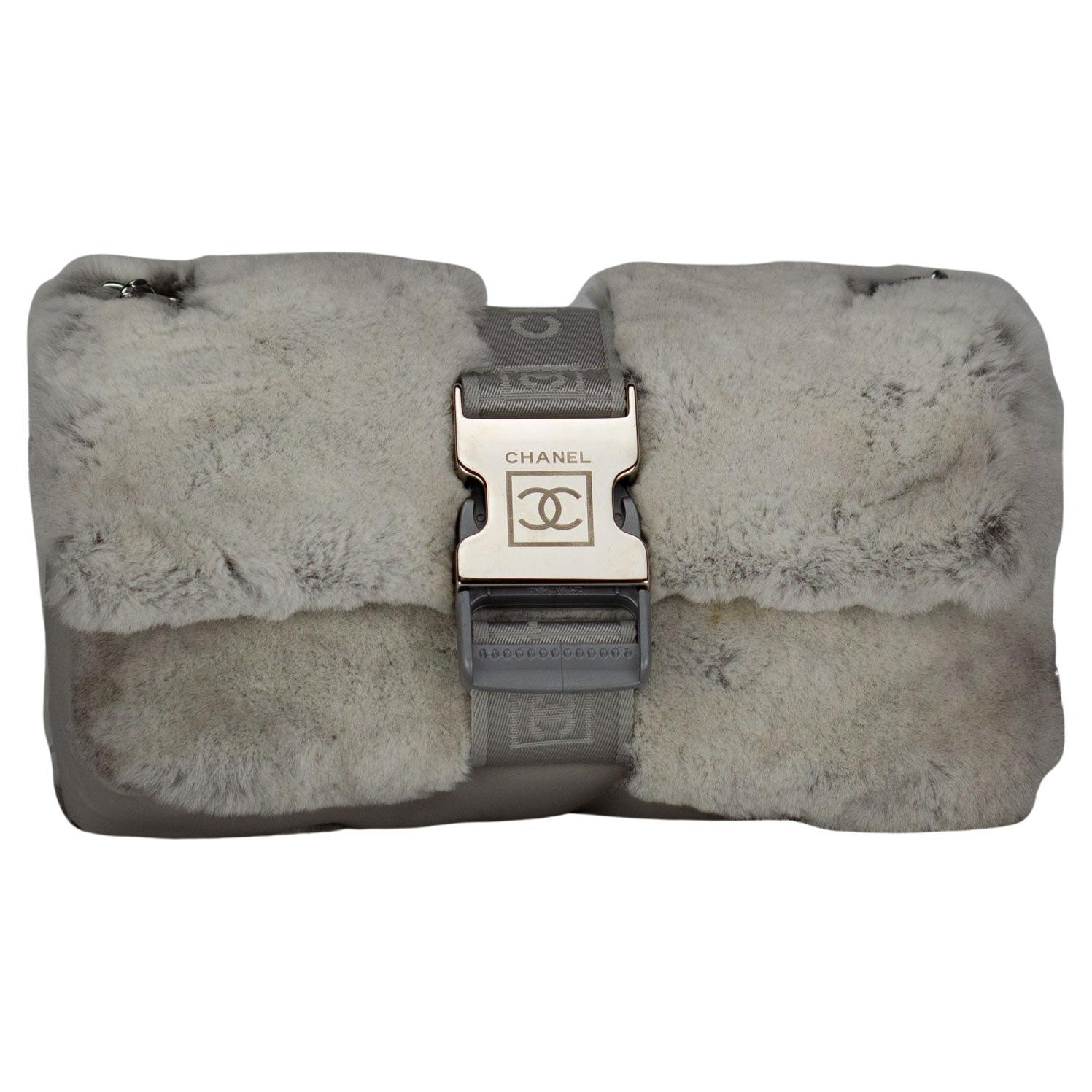 Women's or Men's Chanel 2005 Rare Vintage CC Sport Belt Lock Grey Fur Lapin Shoulder Bag For Sale