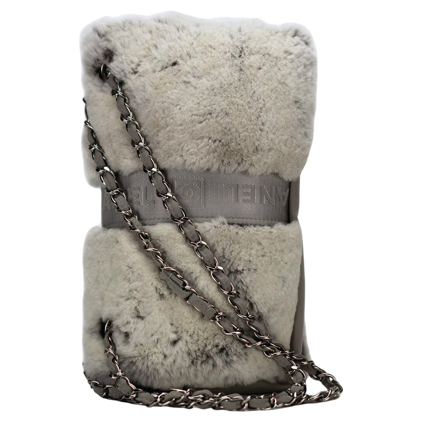 Chanel 2005 Rare Vintage CC Sport Belt Lock Grey Fur Lapin Shoulder Bag For Sale 1
