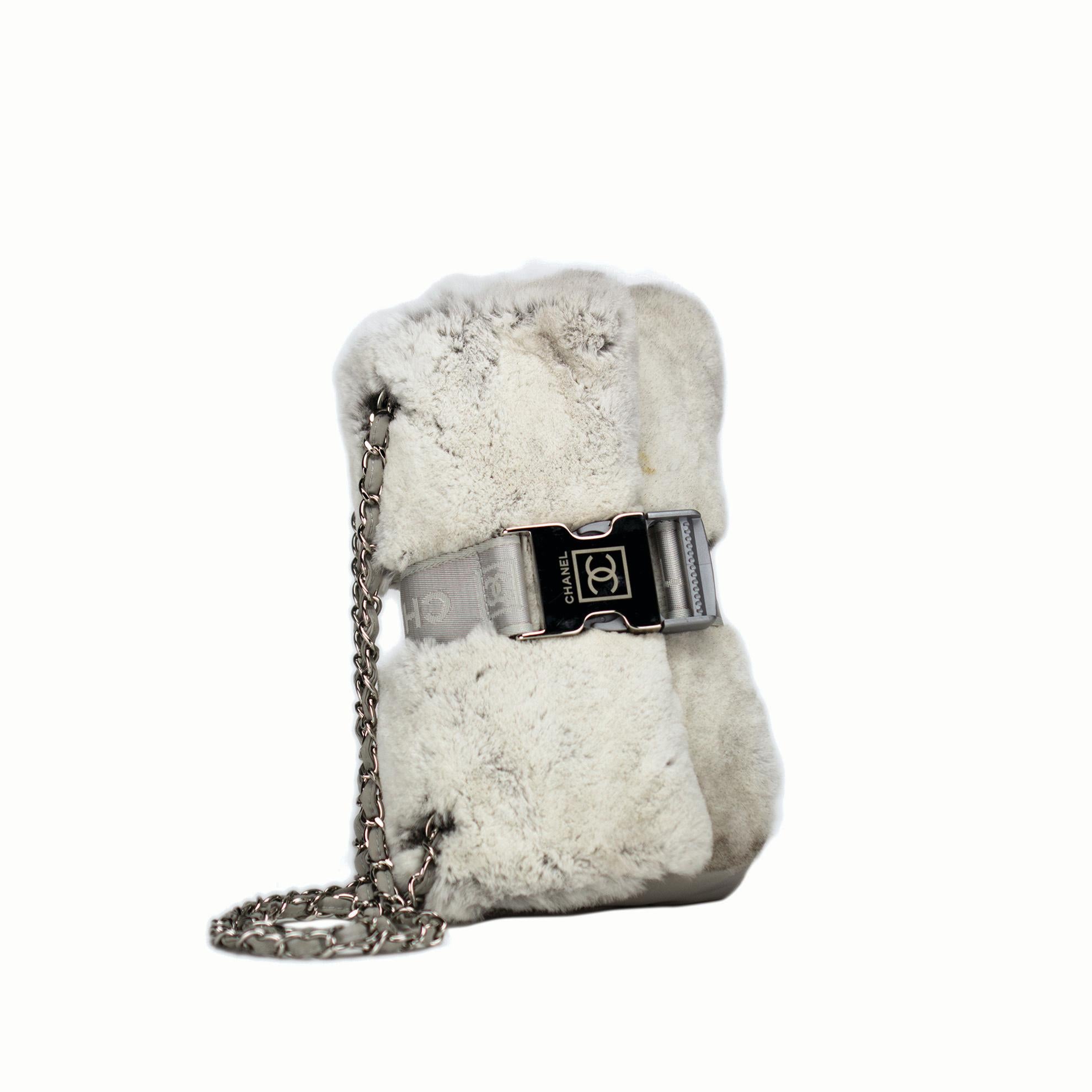 Chanel 2005 Rare Vintage CC Sport Belt Lock Grey Fur Lapin Shoulder Bag For Sale 2
